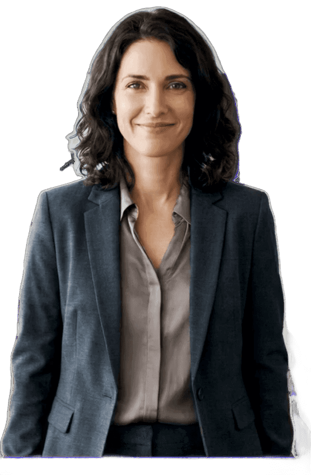 Professional woman smiling, wearing a suit, ideal for compliance training.