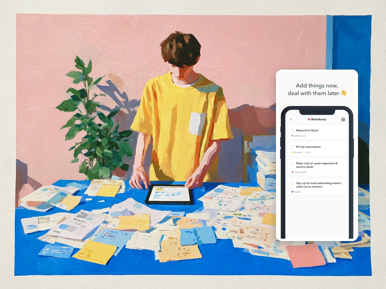 A person narrows a large brain dump into three realistic tasks beside Ellie on a tablet.