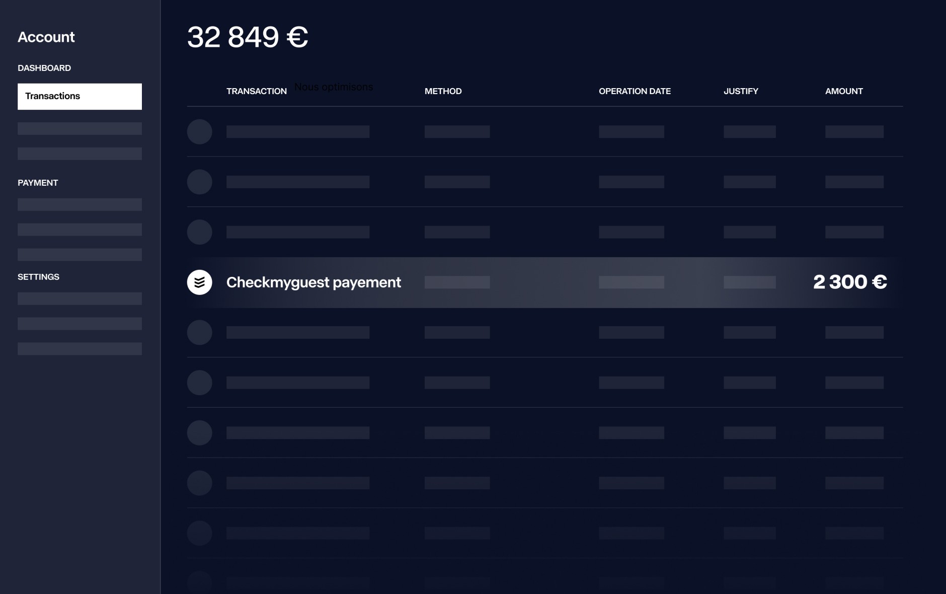 Mockup du tableau de bord des transactions Checkmyguest