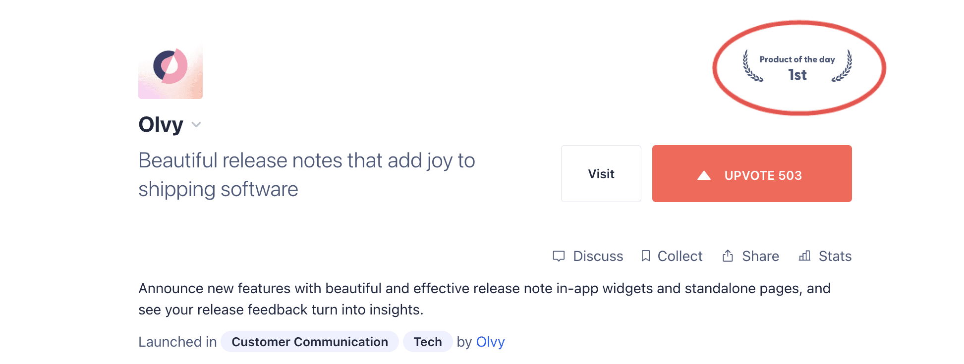 A screenshot of Olvy Launch on product hunt 