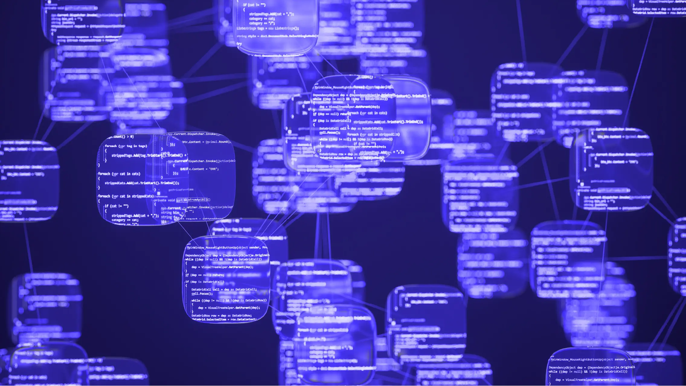 A network of floating blue code blocks connected by thin lines against a dark background, representing the interconnected execution nodes and policy enforcement points in AI agent runtime authorization architecture.