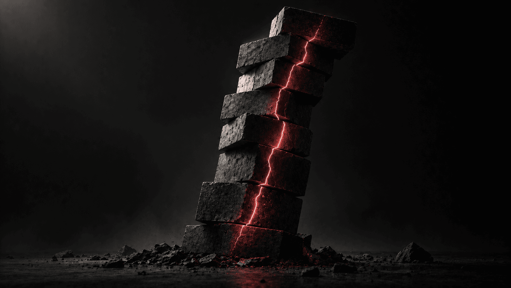 A tall leaning stack of dark blocks with a coral-red hairline crack, representing accumulating design debt in a scaling product.