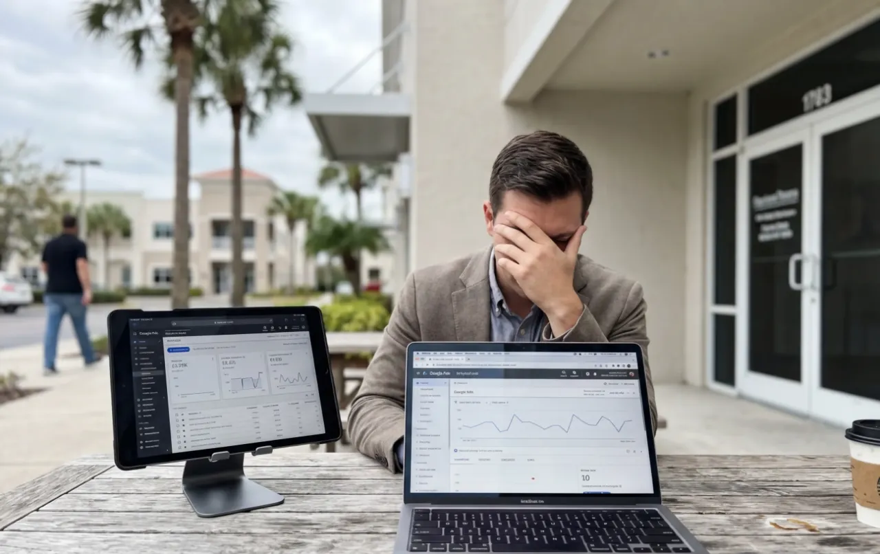 Man stressed over analytics on laptop, RockN' Socials Digital Marketing Agency.