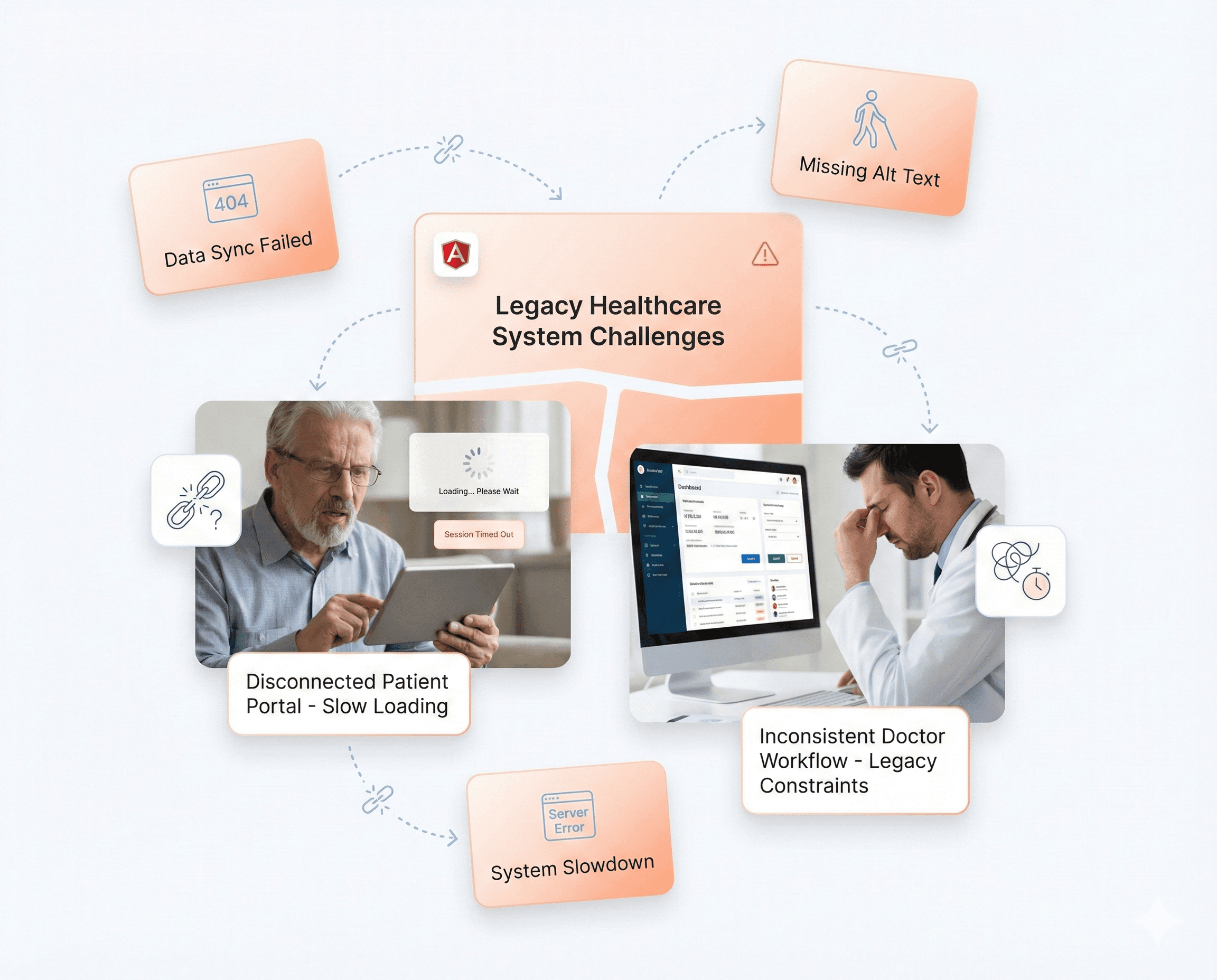 Diagram showing legacy healthcare system challenges including slow patient portal loading, inconsistent doctor workflows, data sync failures, missing accessibility features, and overall system slowdown.