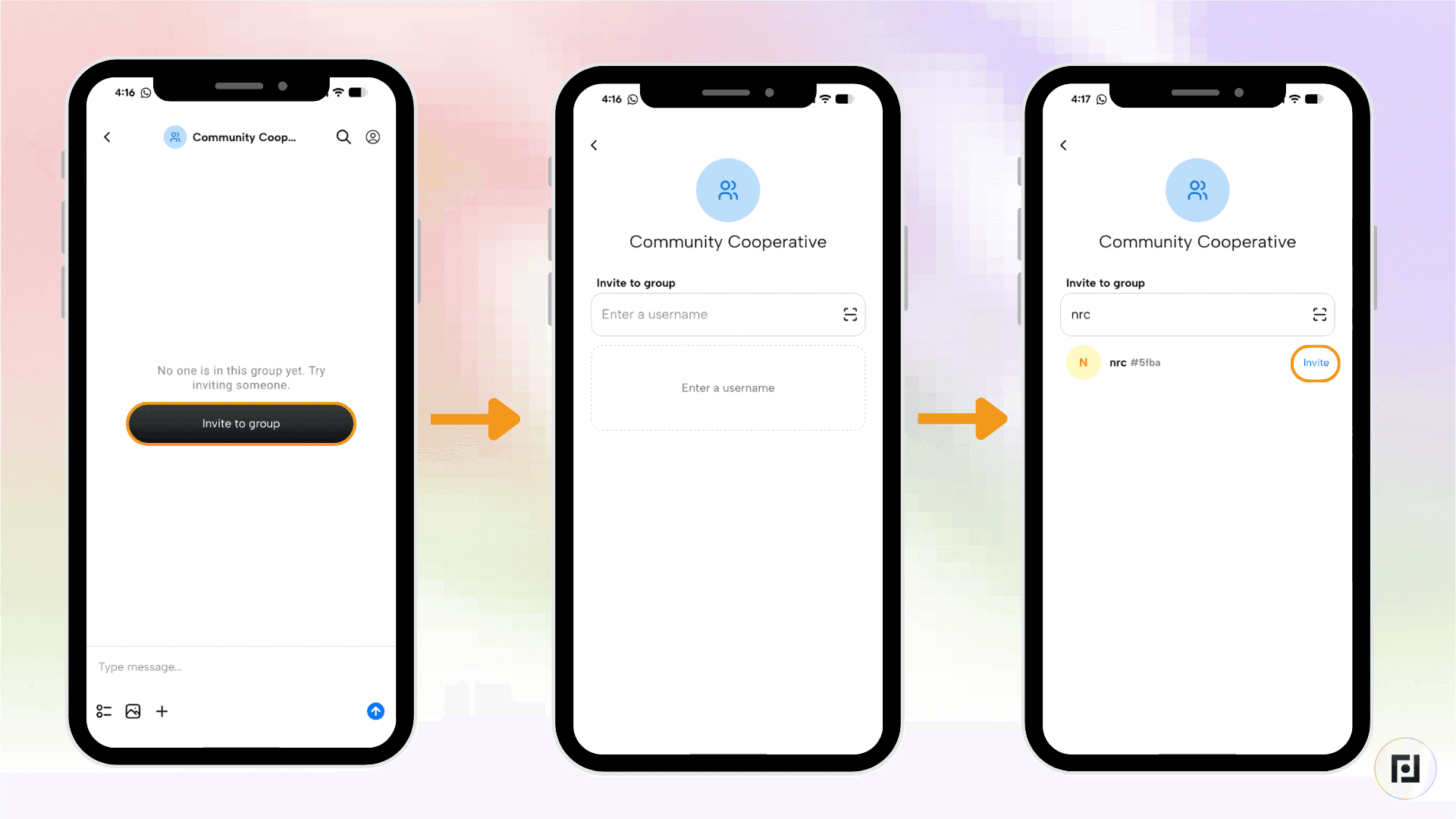 Fedi app Invite to Group screen showing username search and member selection for a Multispend group in the Community Cooperative chat
