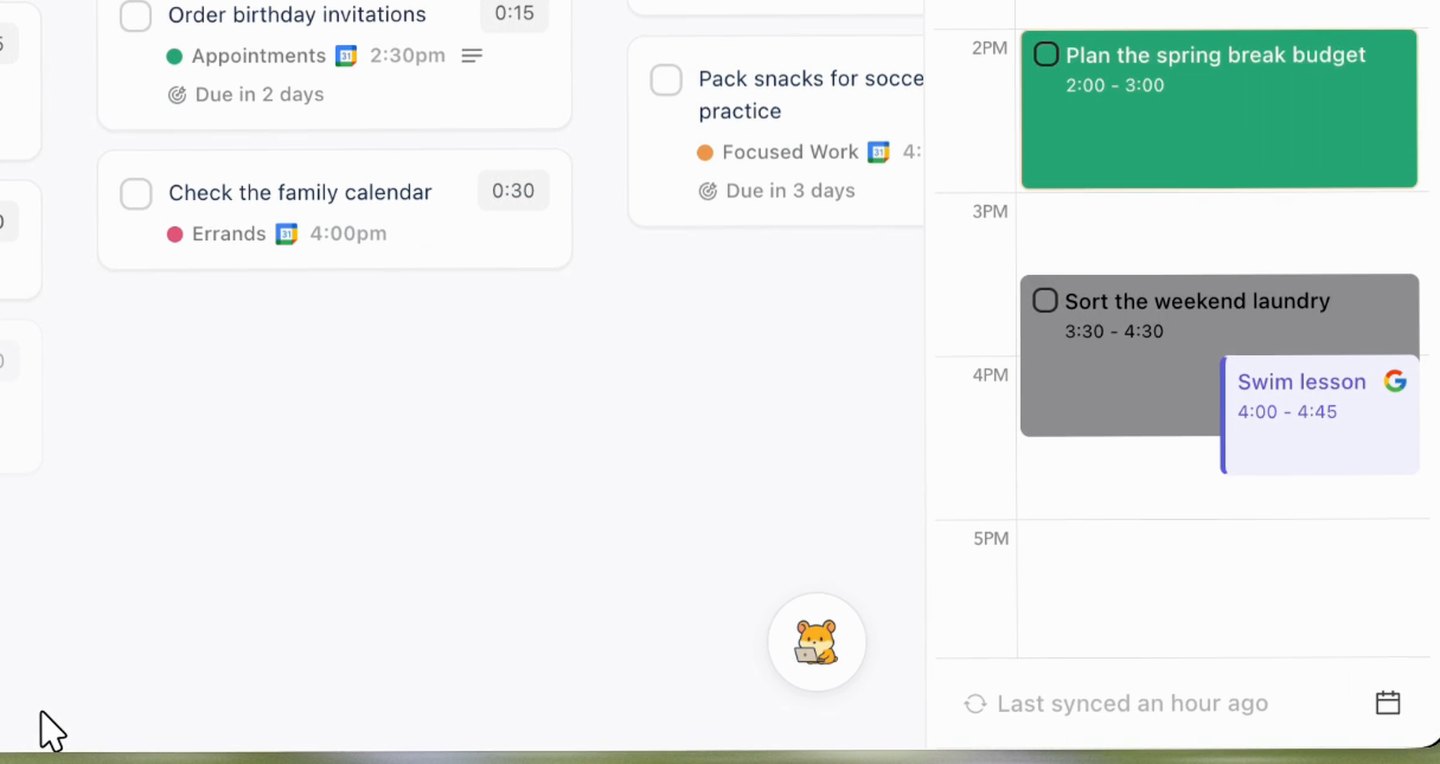 Ellie for Mac Timebox with a green Plan the spring break budget block at 2 PM, and a mouse pointer far away from it at the bottom left edge of the window