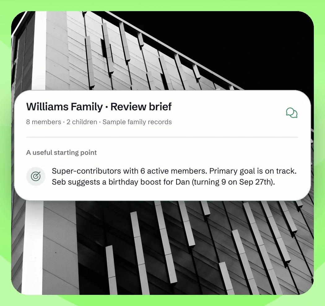 Actual Williams Family review brief with sample family records and prepared priorities