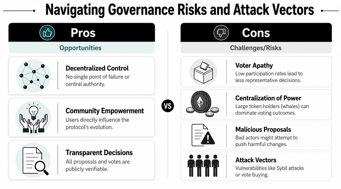 A comparison chart showing the opportunities and risks associated with decentralized governance models and voting.