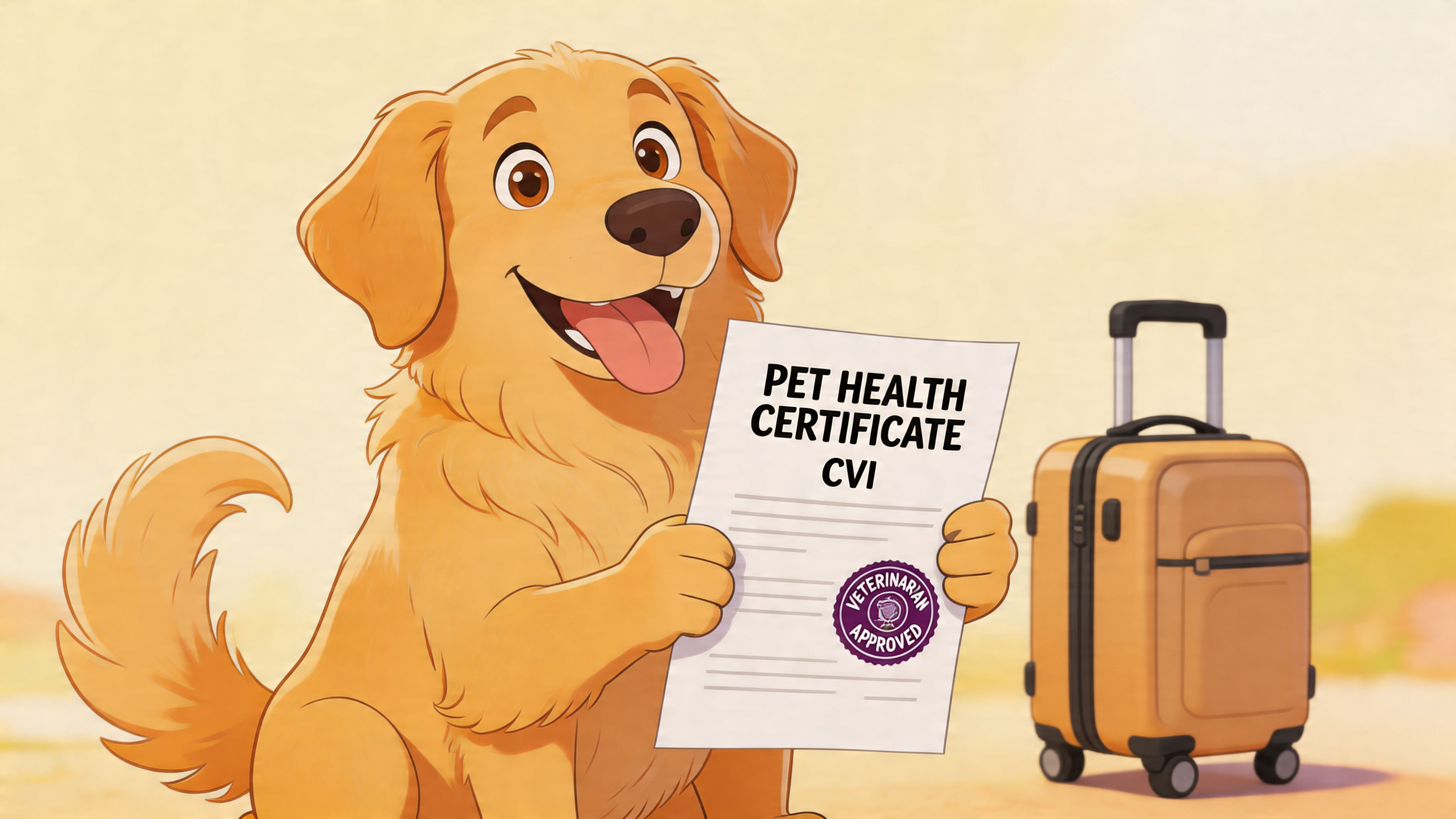 A happy golden retriever holding a pet health certificate for travel next to a rolling suitcase.