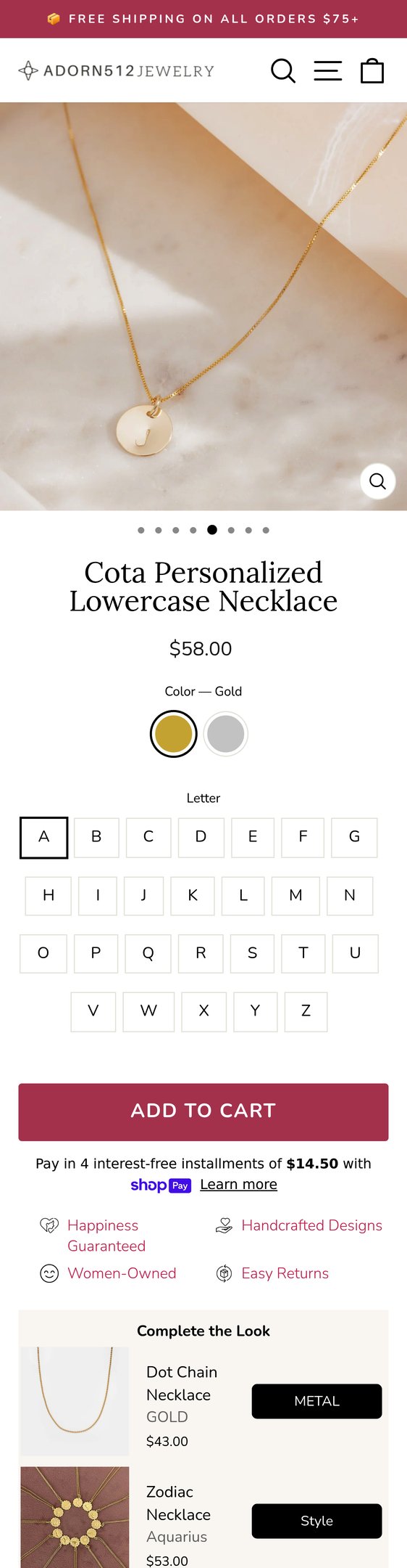Jewelry product options include: necklace for Cota Personalized Lowercase Necklace from adorn512.