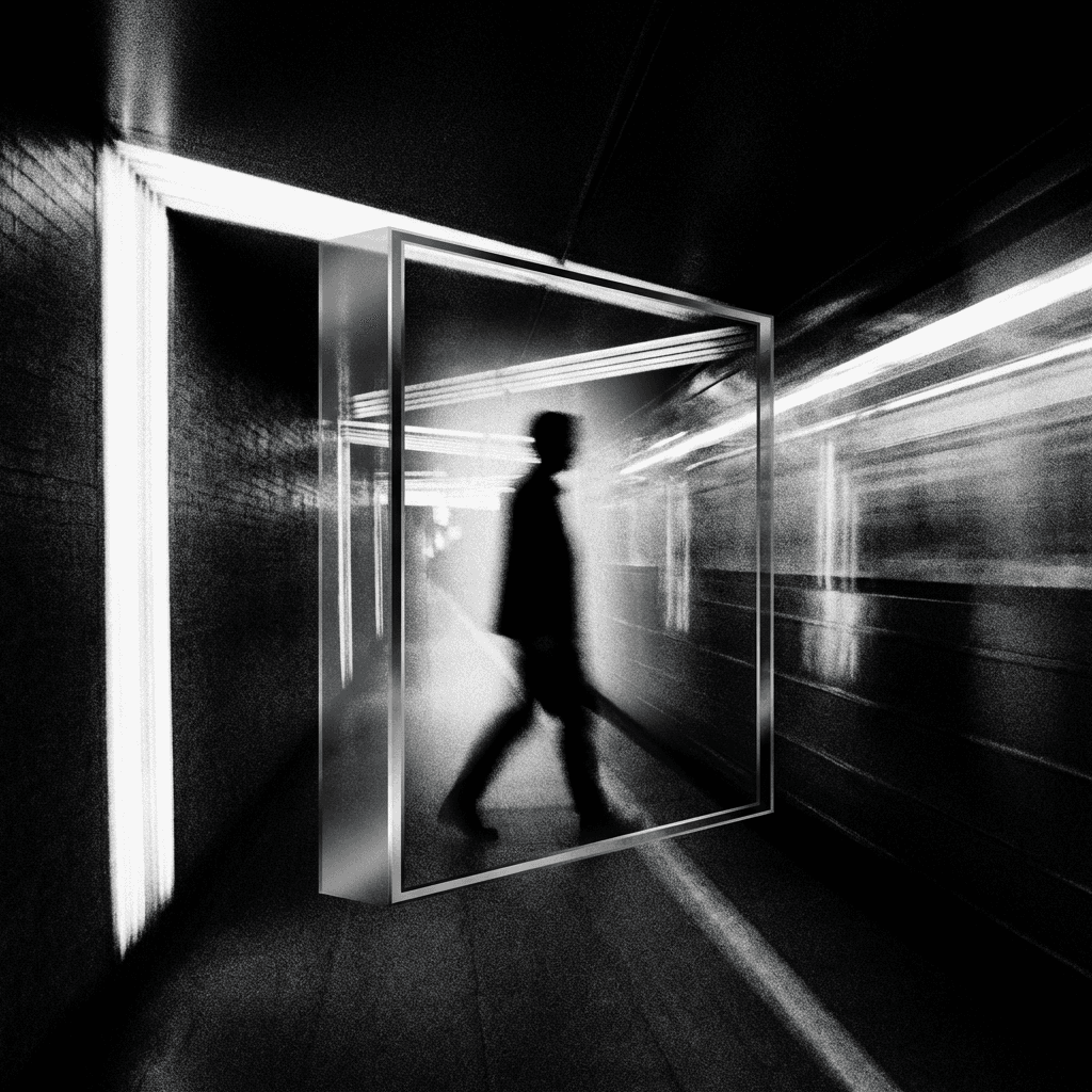 Distant figure walking up steps in high-contrast black and white.