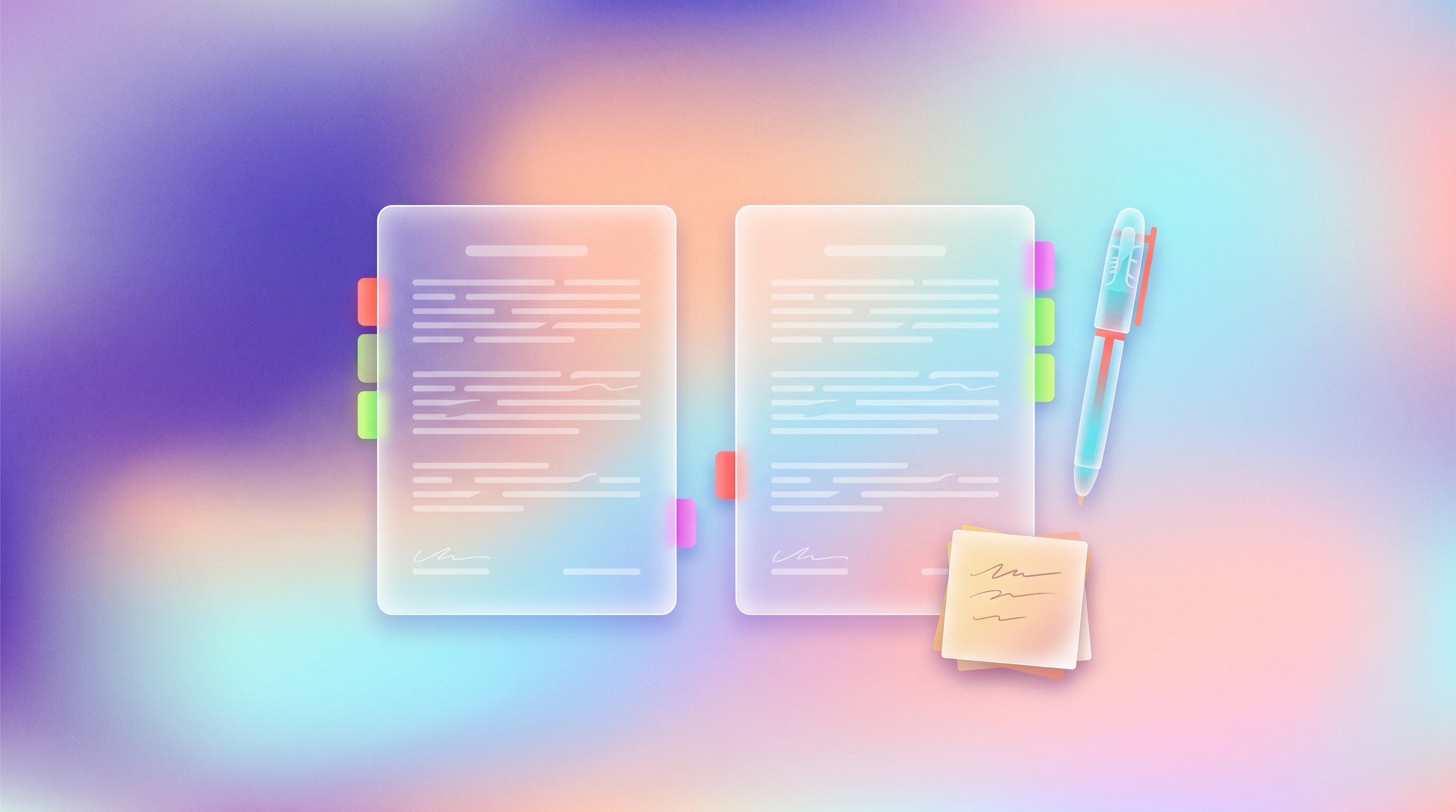 Two marked contract versions beside coloured clause tabs