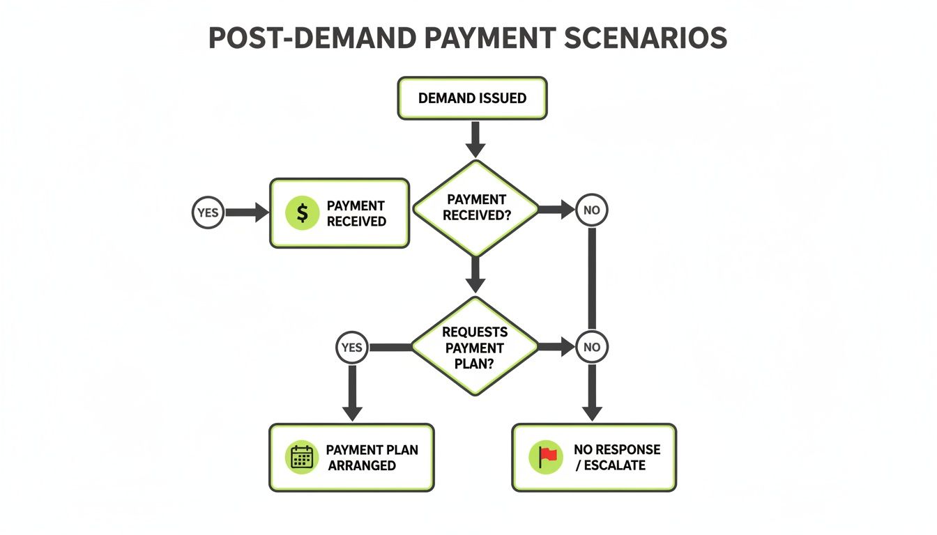 Flowchart outlining post-demand payment scenarios, including payment received, payment plan, or escalation.