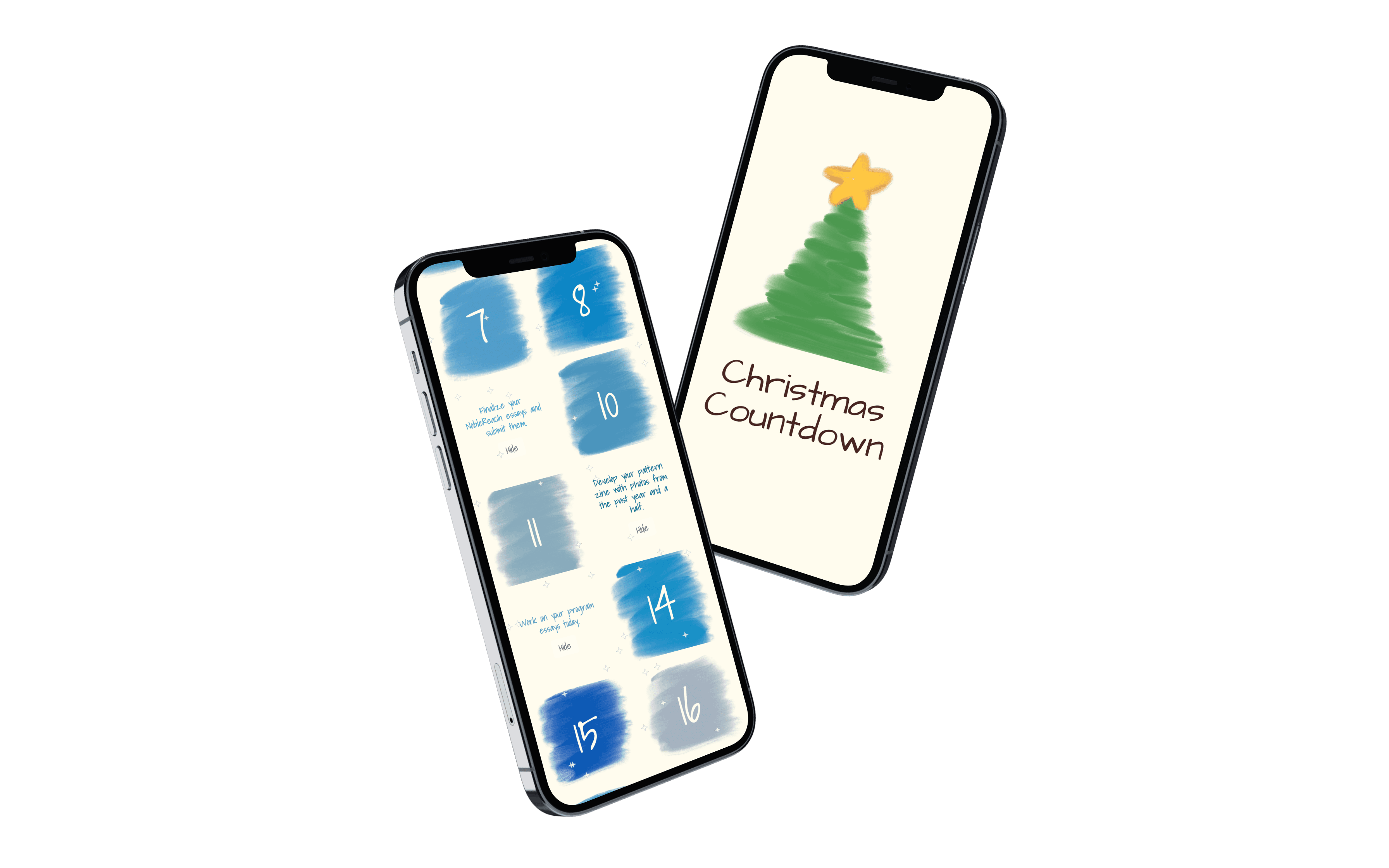 A silver mockup of two phones displaying the interactive Christmas Countdown.