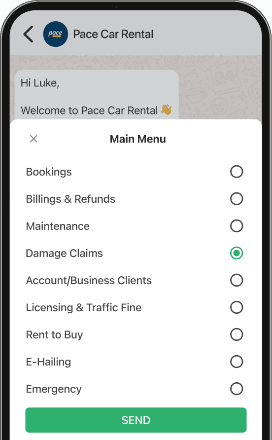 Pace Car Rental app main menu. 'Damage Claims' is selected. Other options: Bookings, Maintenance, Emergency.