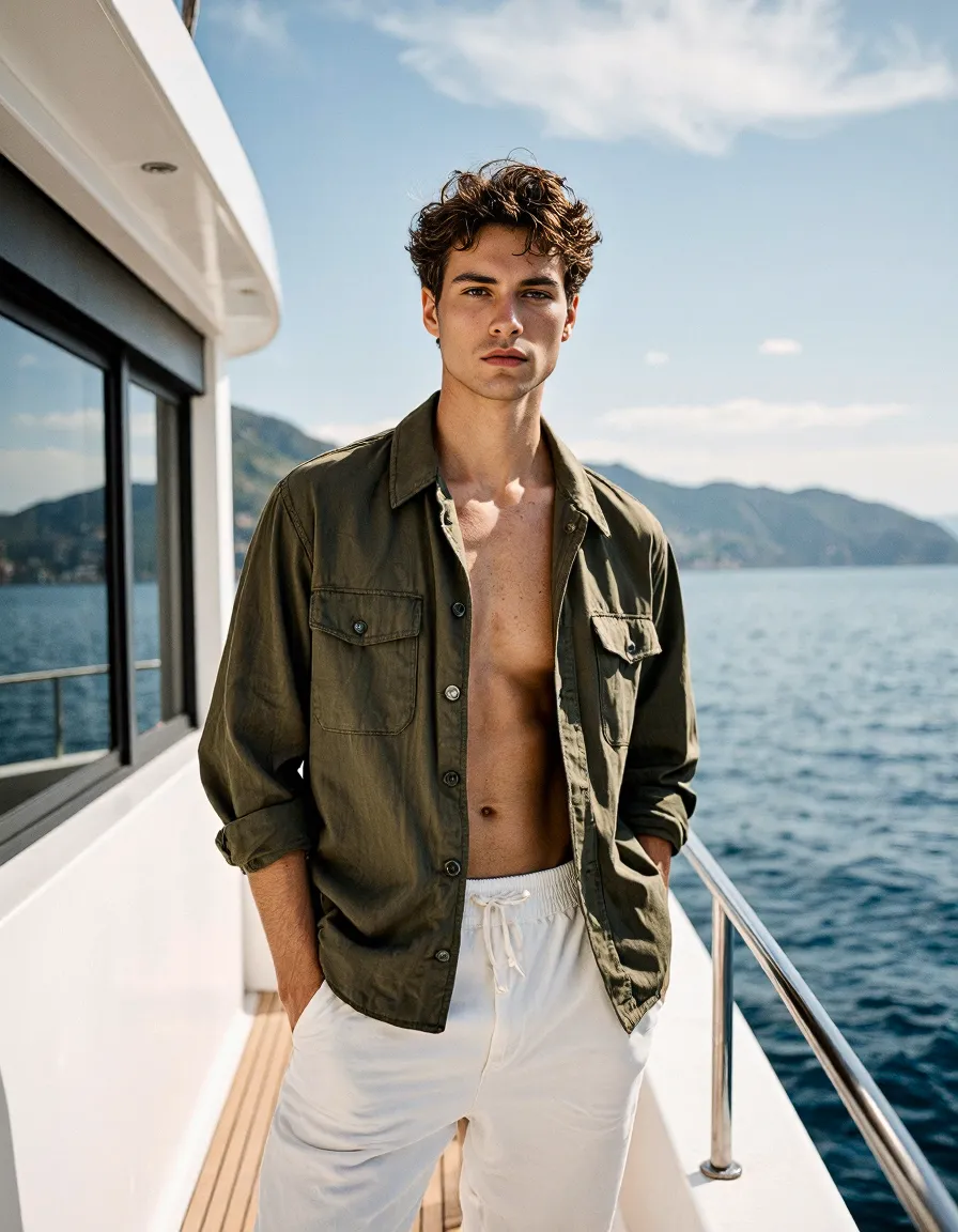 Fashion photograph on a luxury yacht featuring an olive utility shirt over white pants with beautiful coastal mountains and blue water backdrop