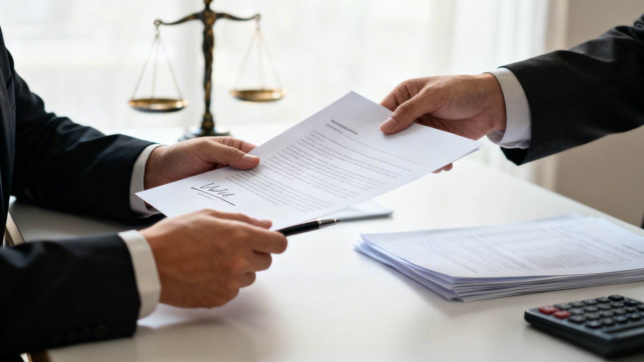 Två affärsmän i kostym utbyter juridiskt dokument med en penna vid ett skrivbord. Vågen för rättvisa i bakgrunden.