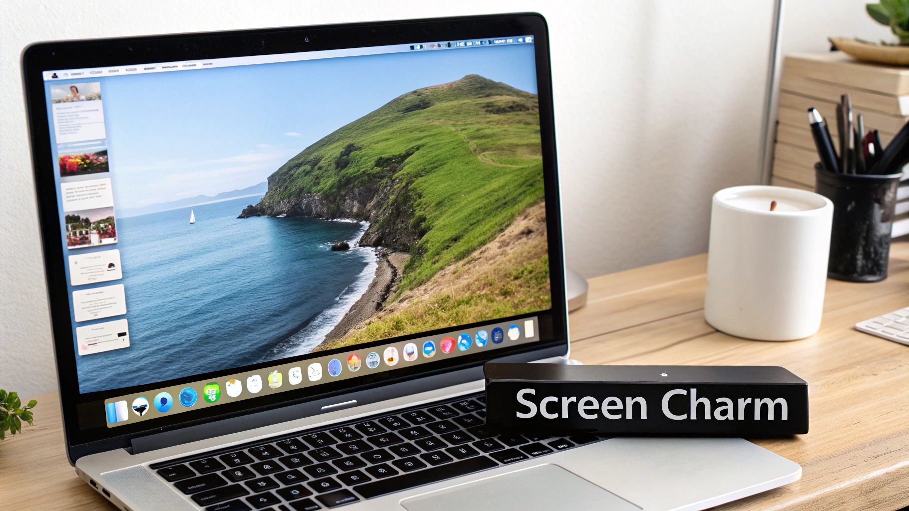 A sleek and modern desk setup with a macOS device, representing the ideal environment for using Screen Charm.