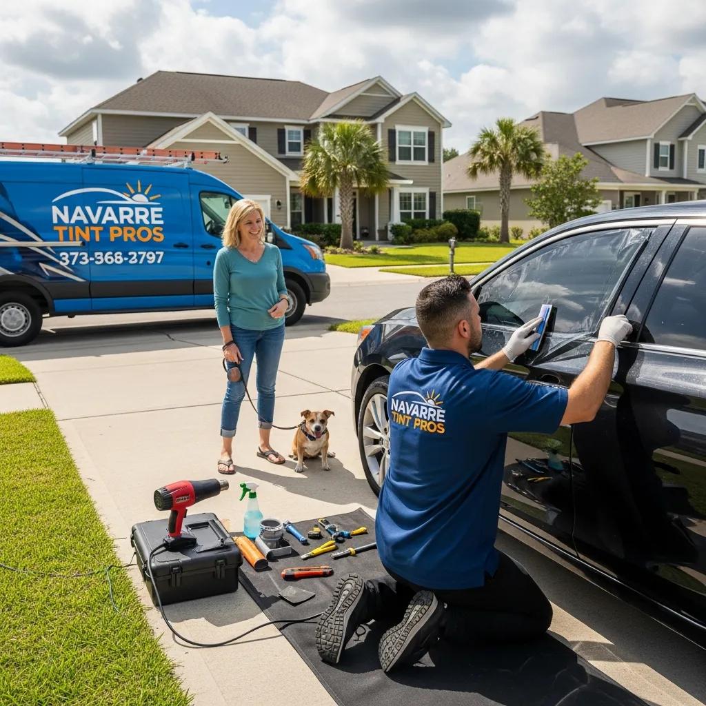 Mobile window tinting technician working on a vehicle in a Navarre driveway