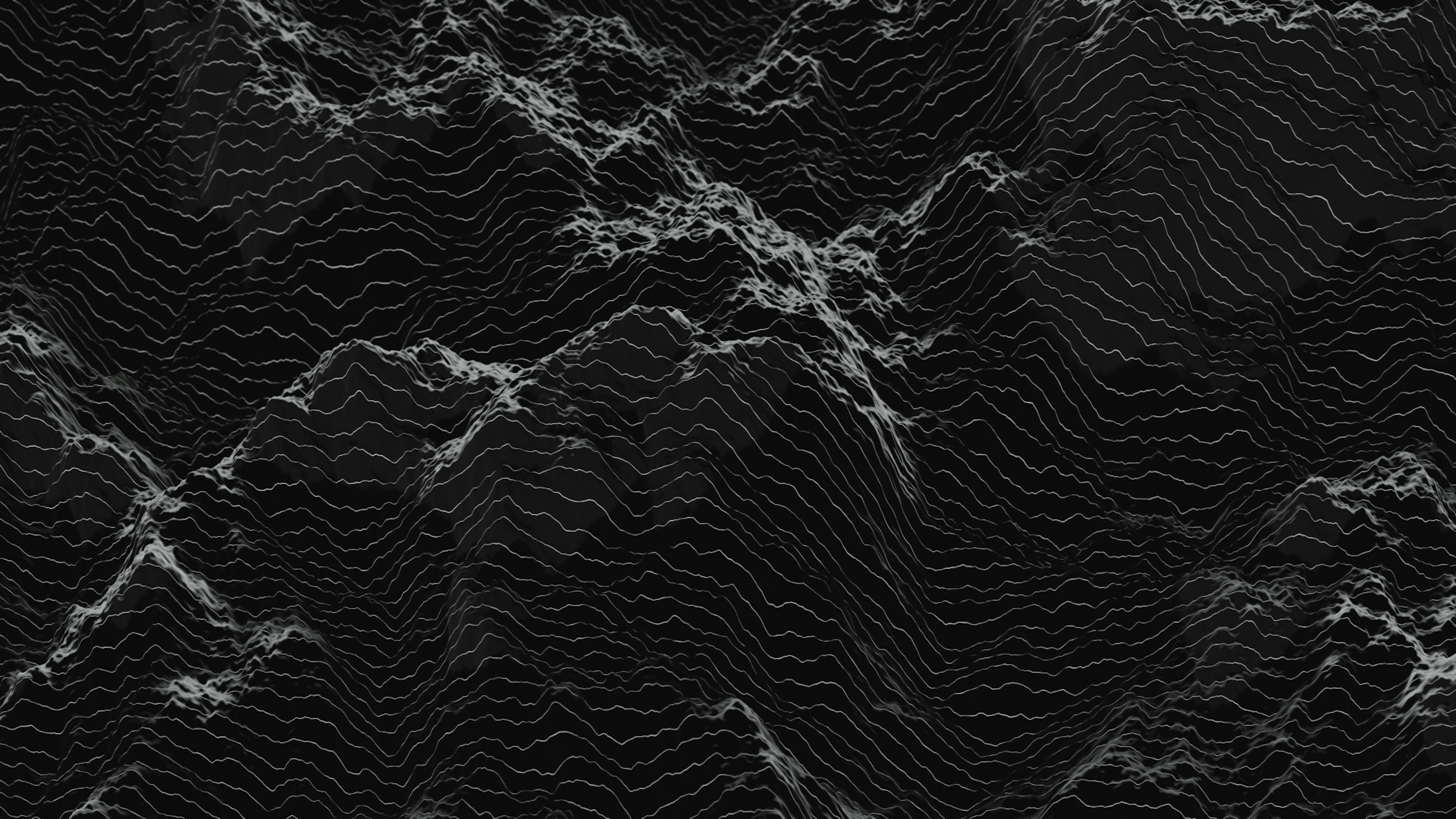 Abstract dark landscape with textured mountain peaks.