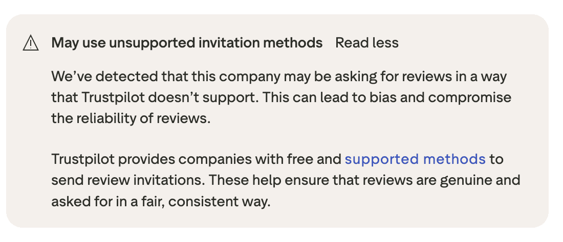 Trustpilot warning notification stating that a company may be using unsupported review invitation methods