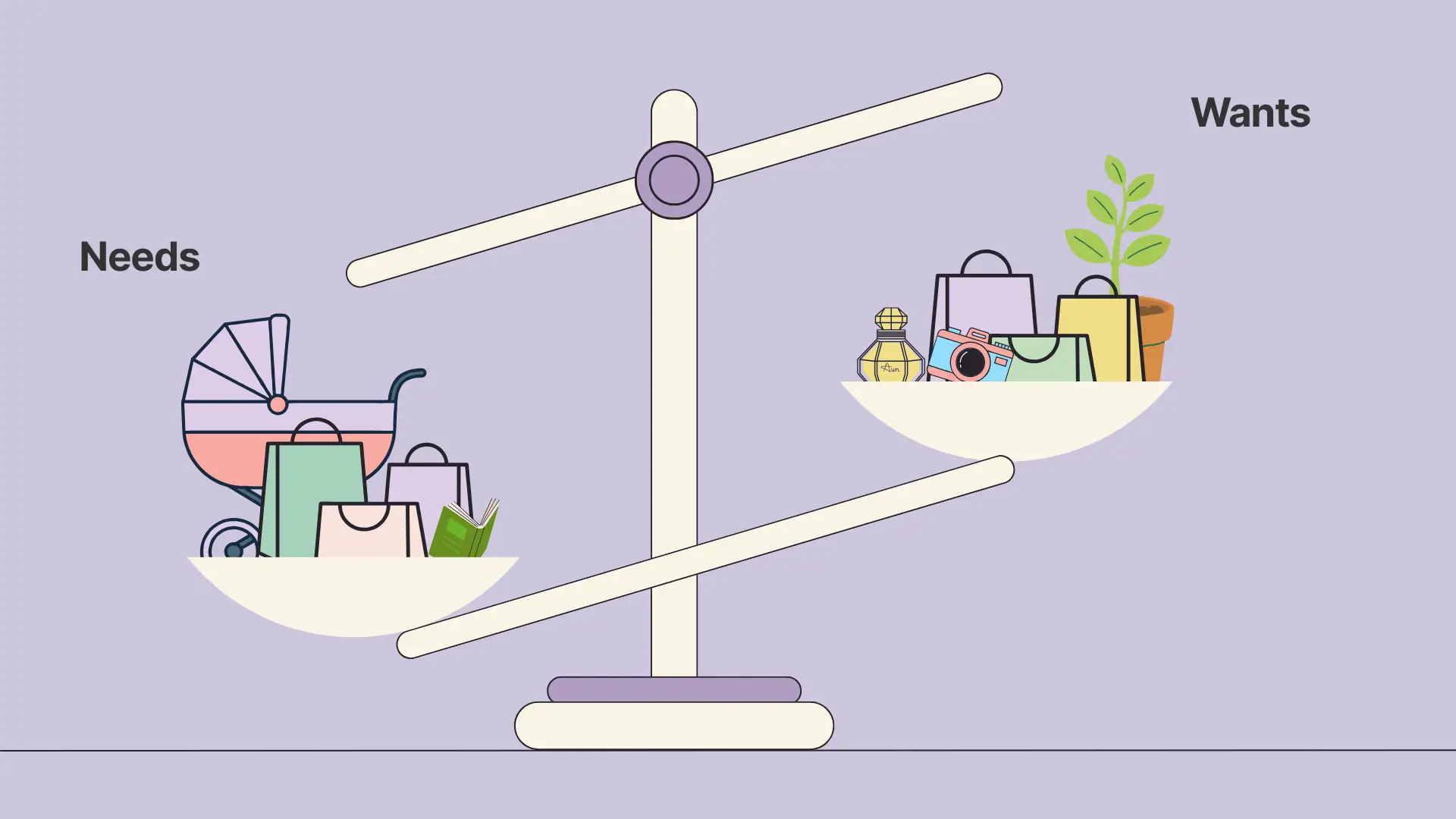 A stylized illustration of a balancing scale weighing "Needs" against "Wants." The left pan, labeled "Needs," is tilted lower to show it's heavier and contains a baby stroller and shopping bags. The right pan, labeled "Wants," is higher and contains items like a camera, perfume, and a plant, symbolizing that needs have a greater priority.