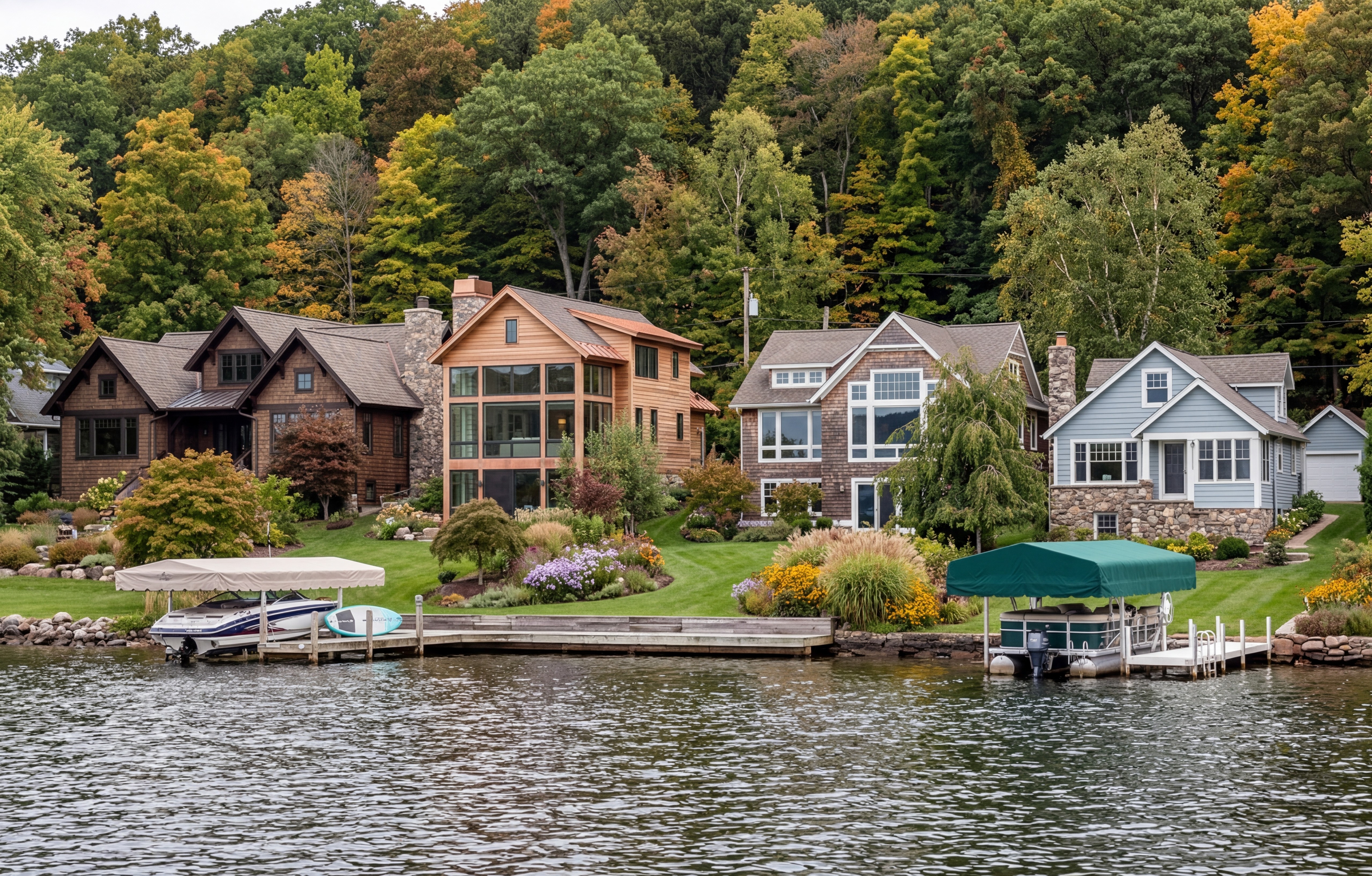 Several houses located on a lake with views of the respective docks.