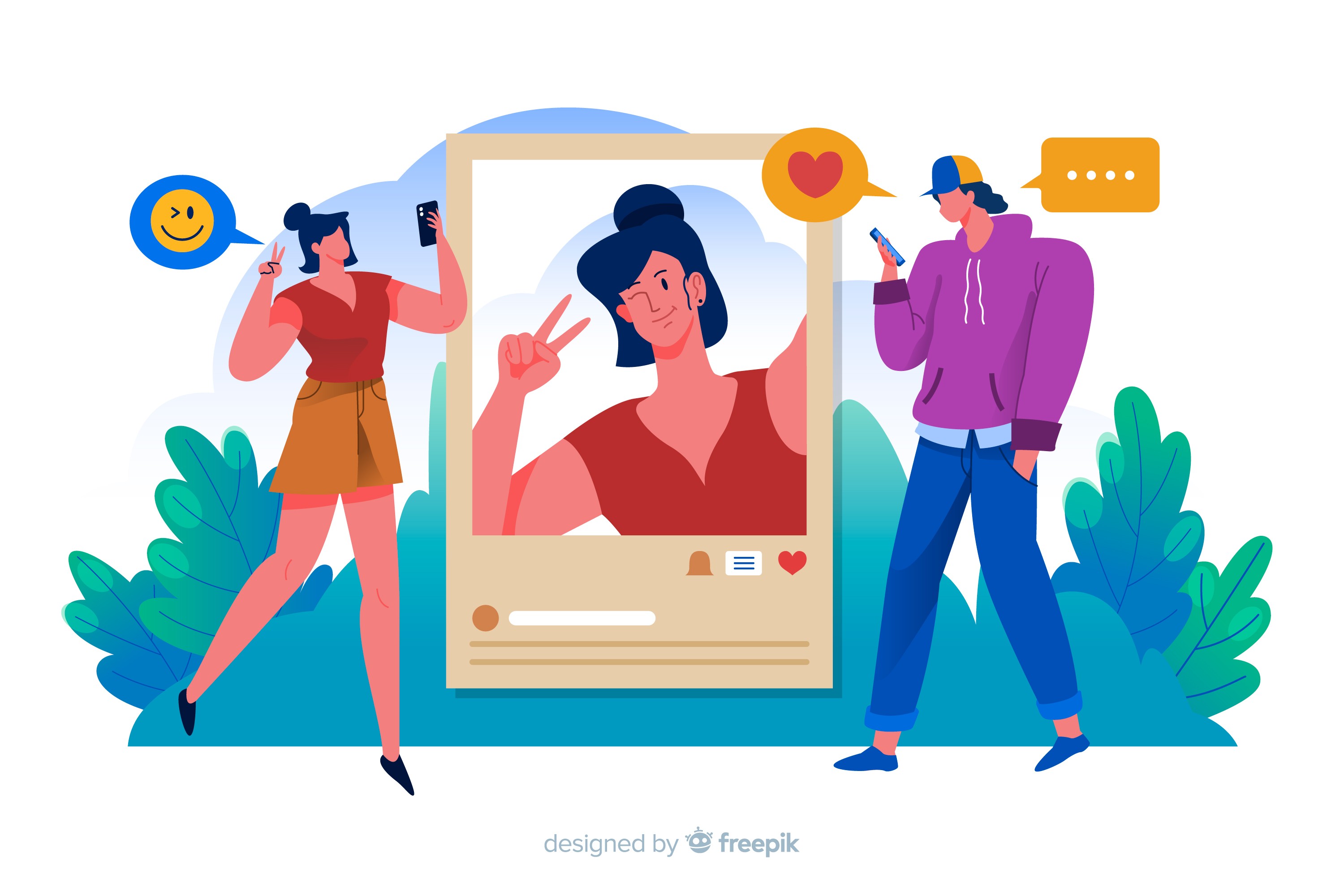 Illustration of a social media influencer posting content with engaged followers reacting