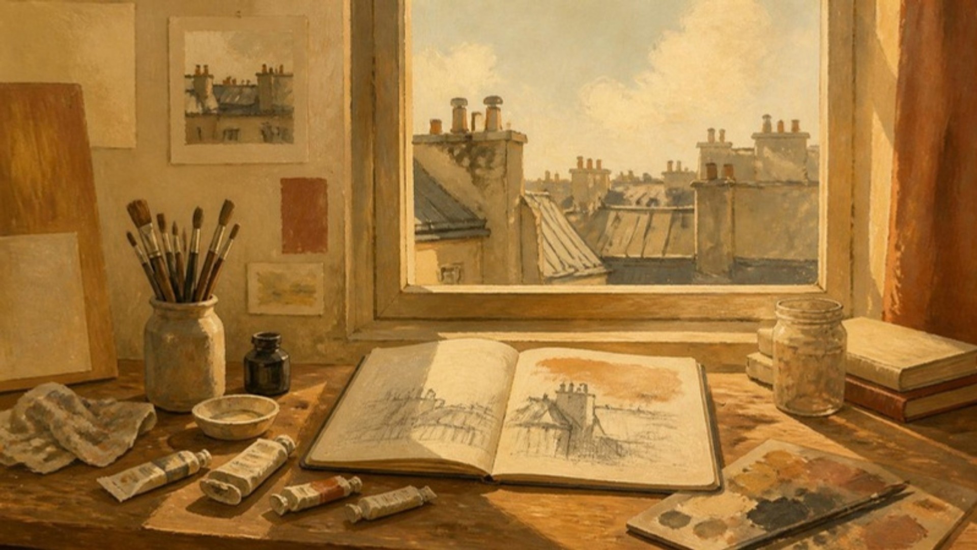 Illustration: a studio window with drawings on the desk