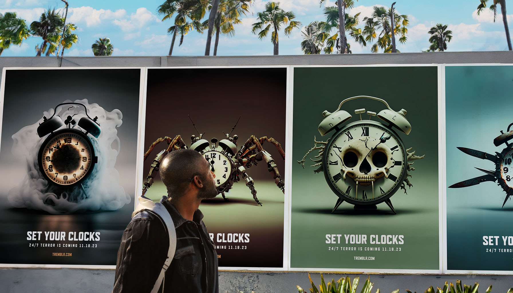 A man walking under a series of billboards with a bunch of horror themed clocks in Los Angeles