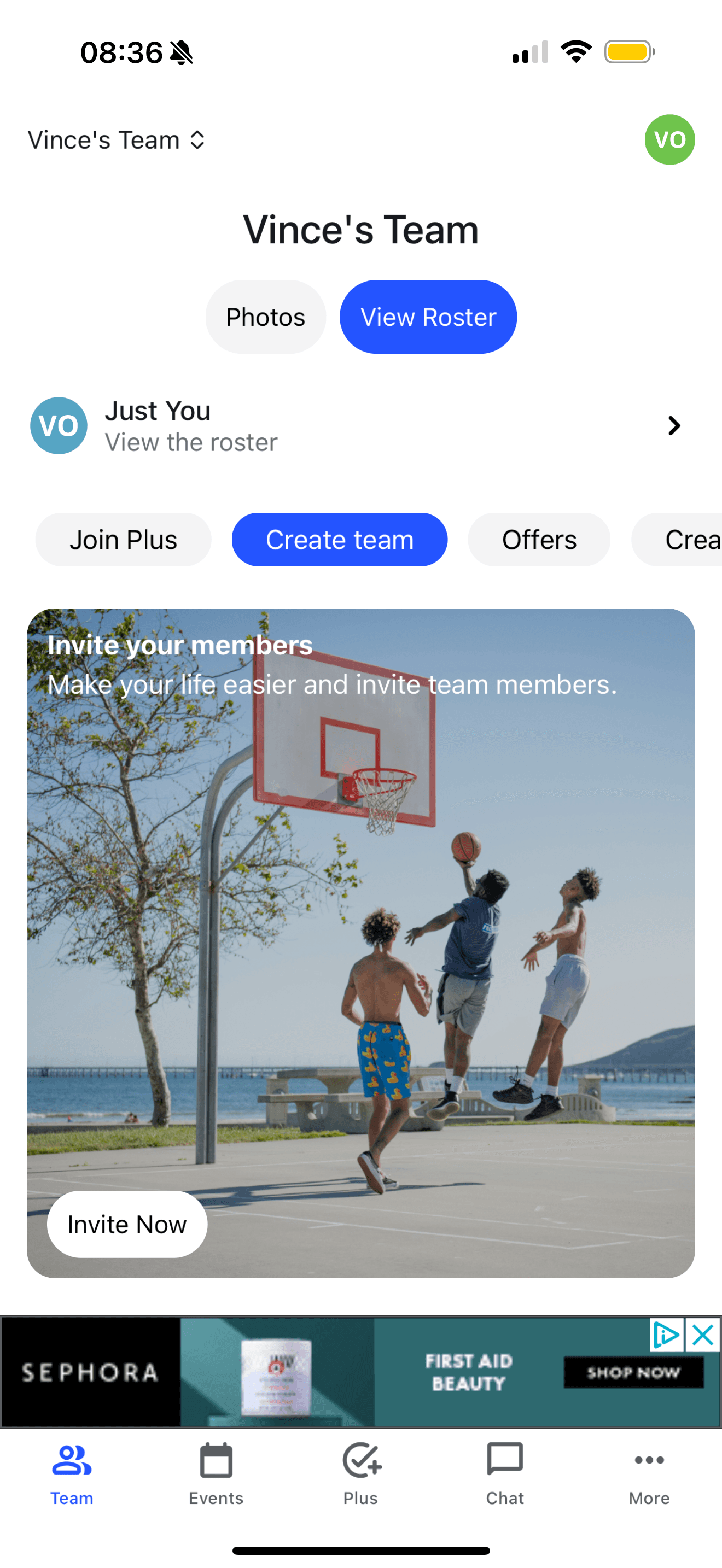 The TeamLinkt Sports Team Dashboard in the Team Mobile App