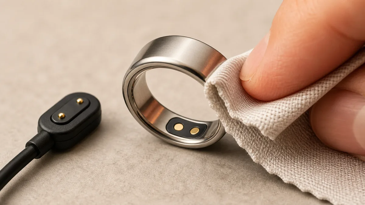 Soft cloth cleaning the rear charging contacts of a silver smart tasbih ring