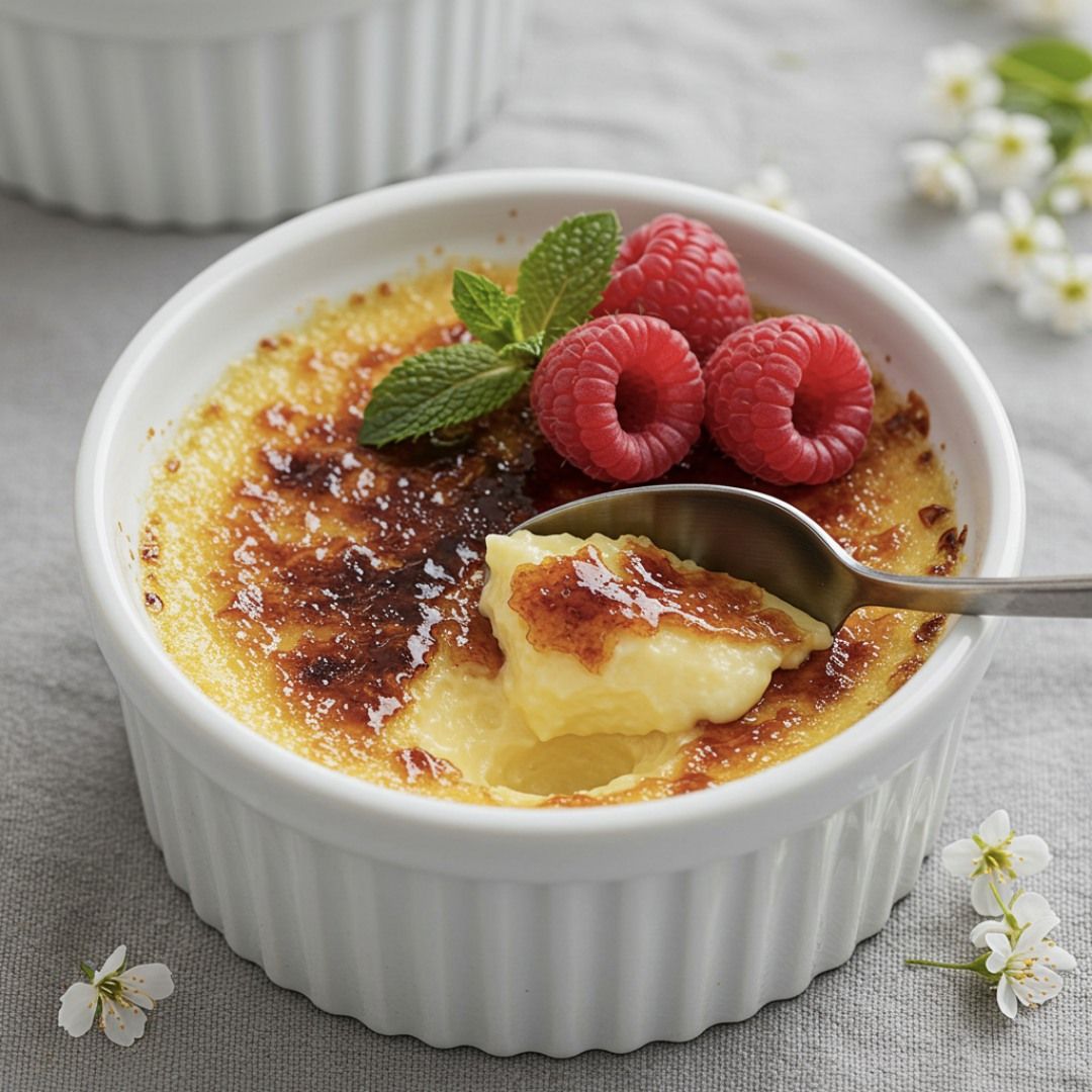 Crème Brûlée from Pasta 9 Toronto made with vanilla custard topped with a caramelized sugar crust.