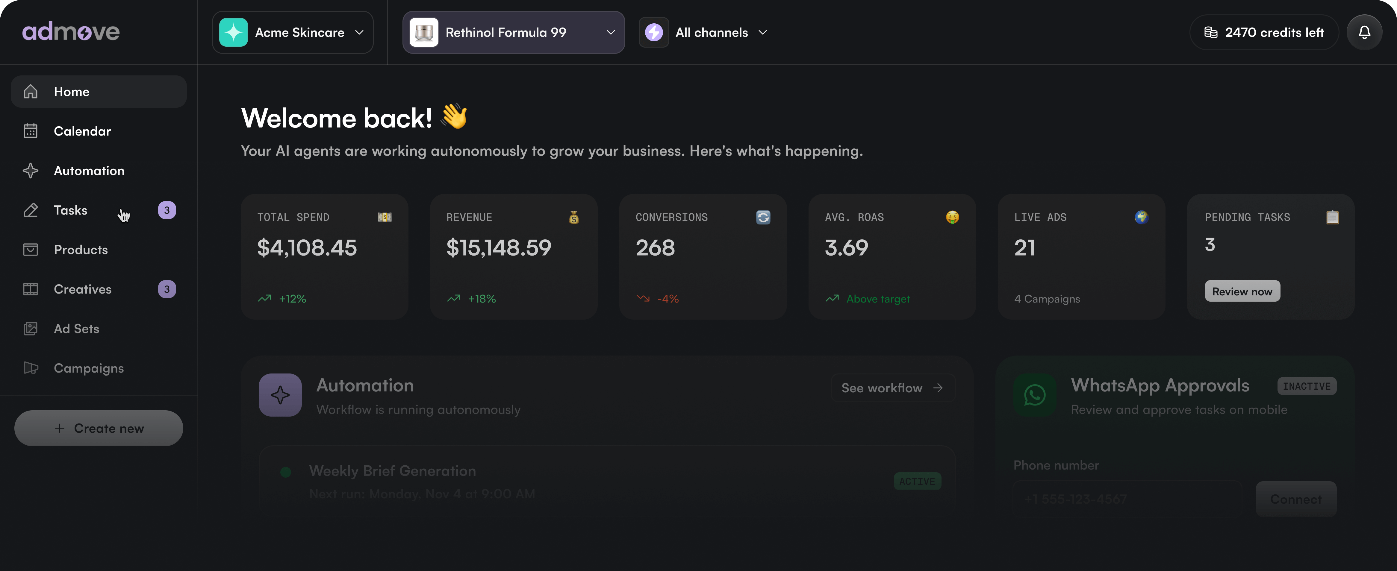 admove dashboard snapshot UI