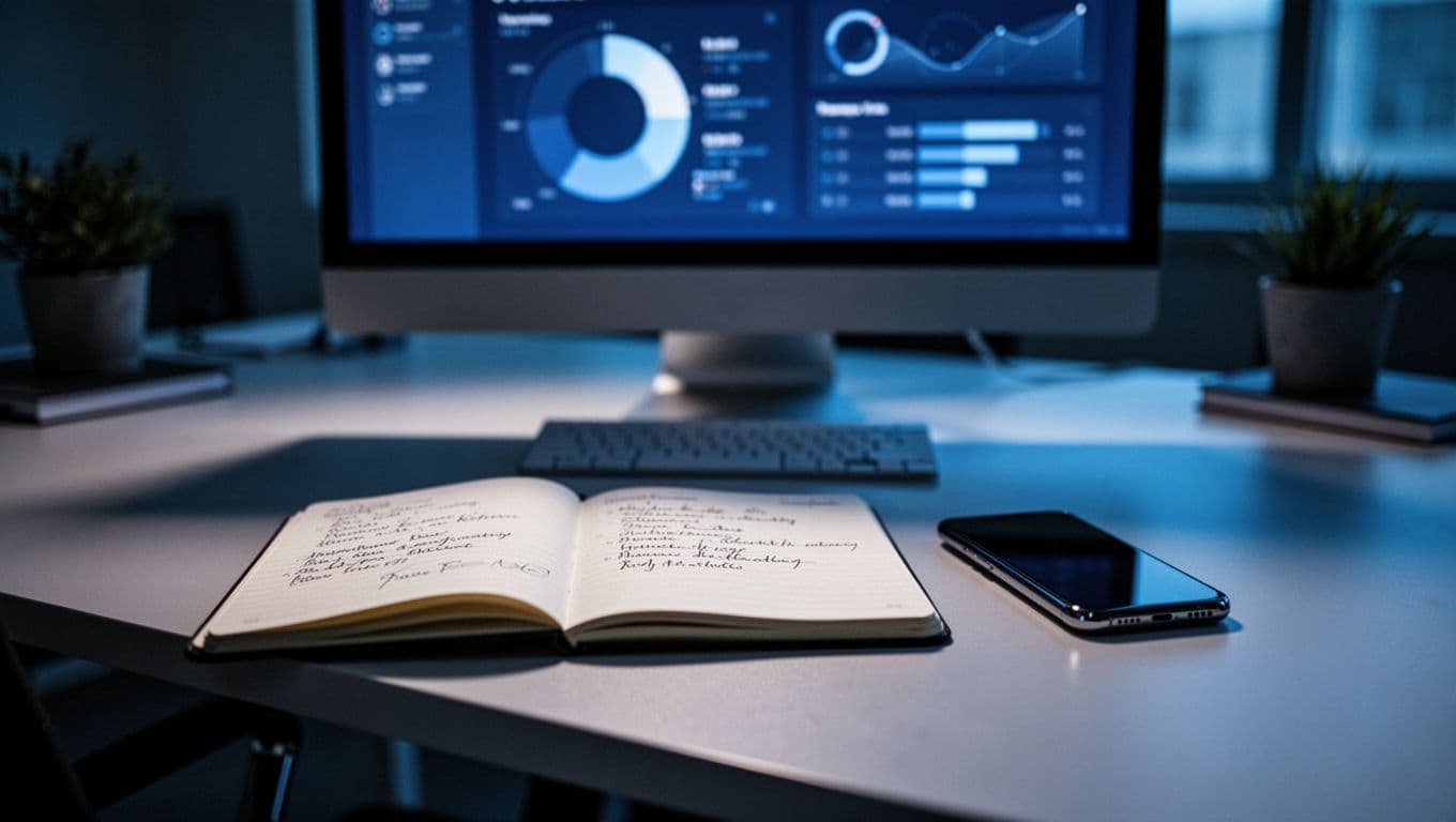 A dark wooden desk features a smartphone and notepad next to an out-of-focus monitor. Dramatic lighting highlights the surface with deep blue accents, creating an atmosphere of urgent corporate efficiency.
