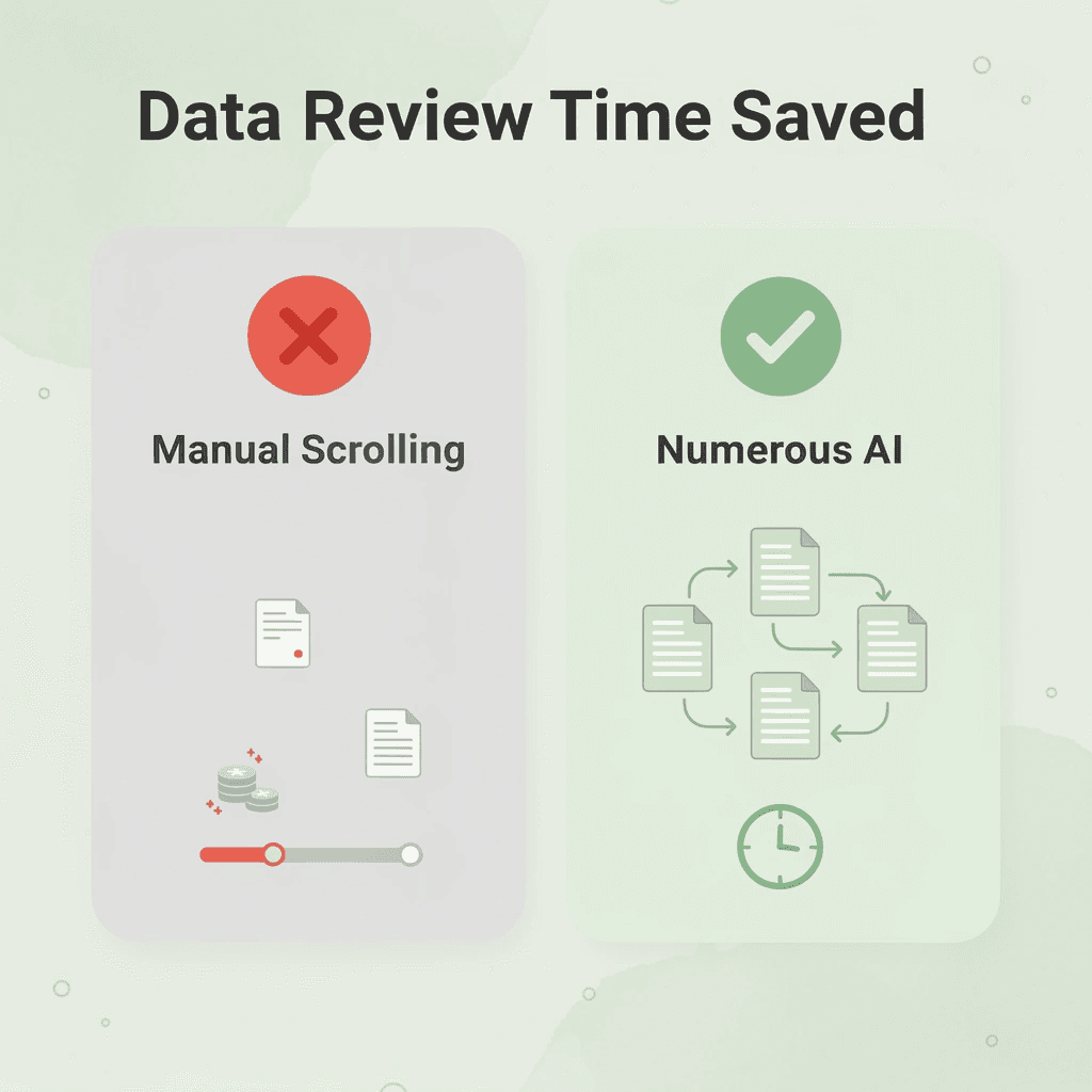 Before and after infographic comparing manual data review to Numerous AI review