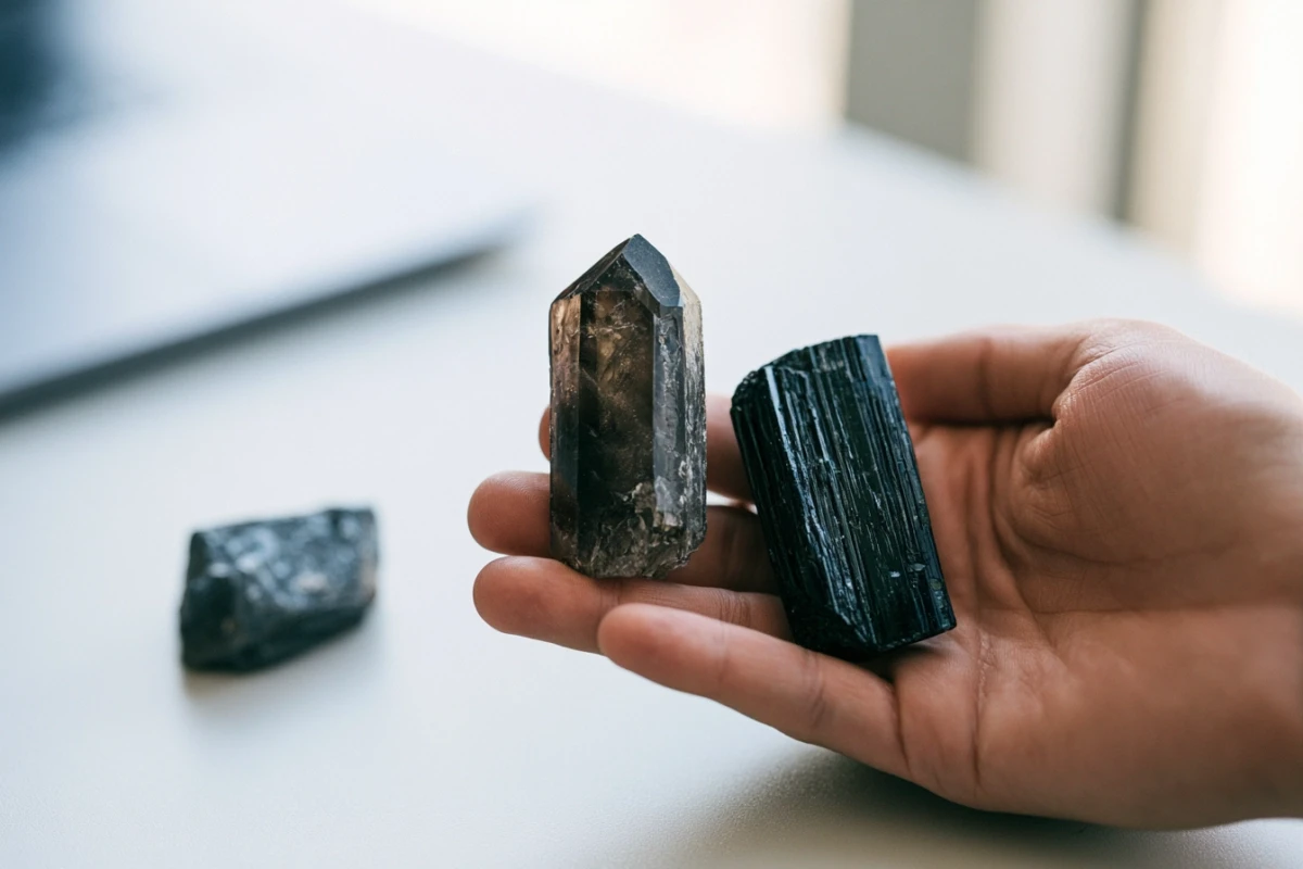 Smoky quartz and black tourmaline stones in hand during work break