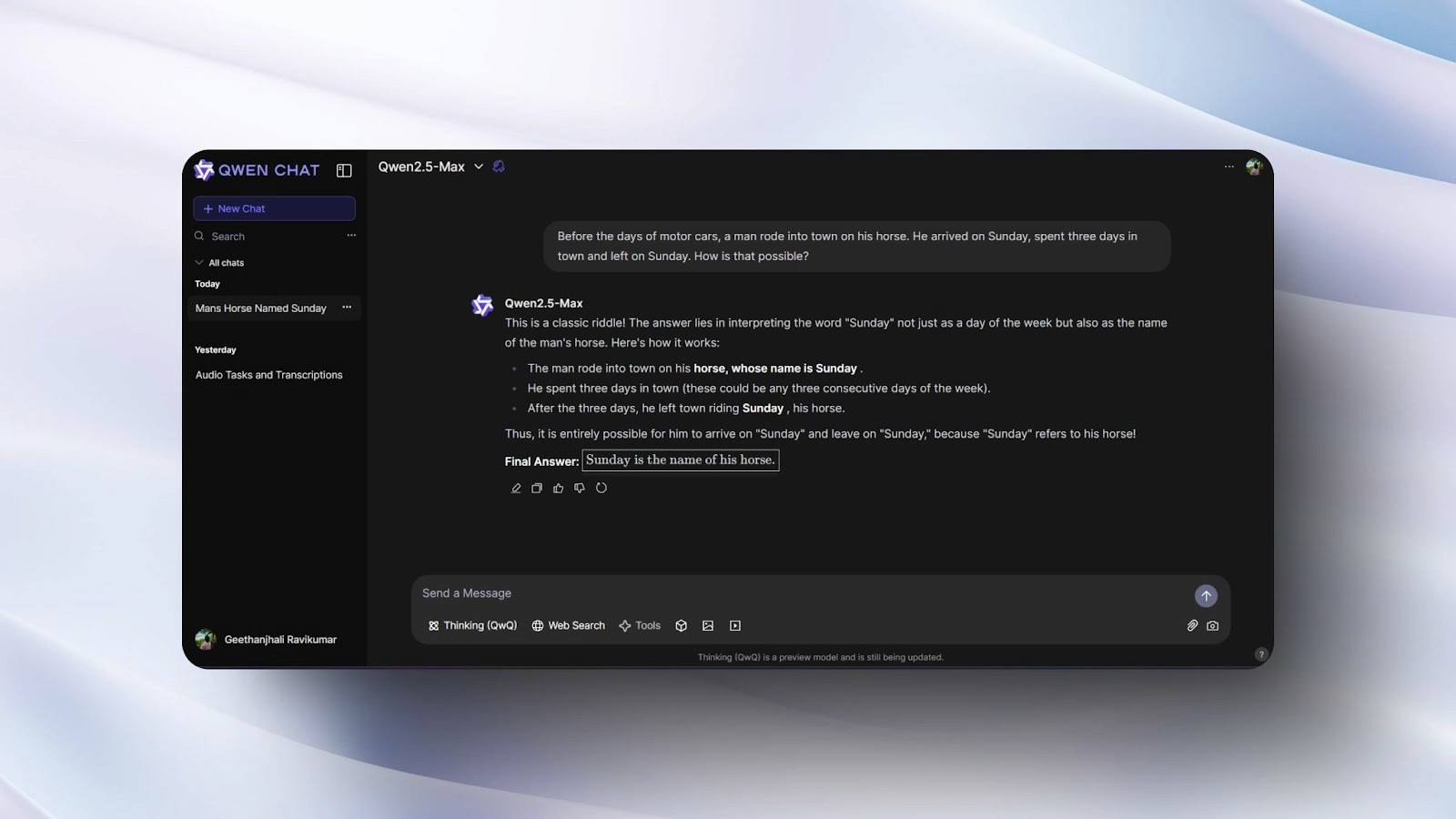 screenshot of Qwen Chat AI interface with a dark theme, solving a classic riddle about a man’s horse named Sunday with a detailed explanation. 