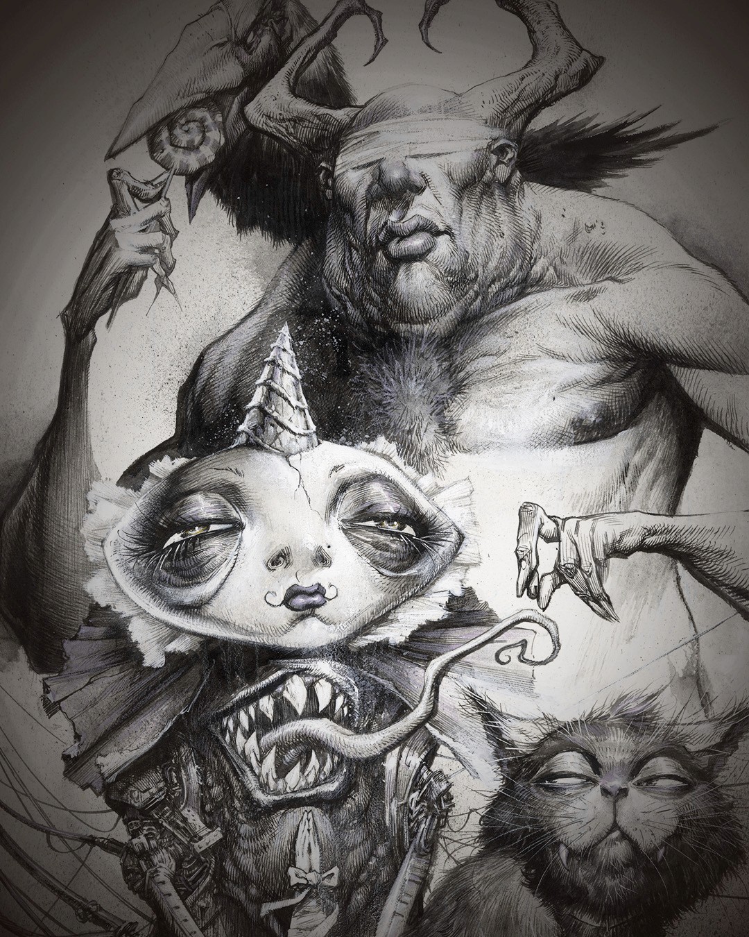 drawing featuring a group of surreal characters
