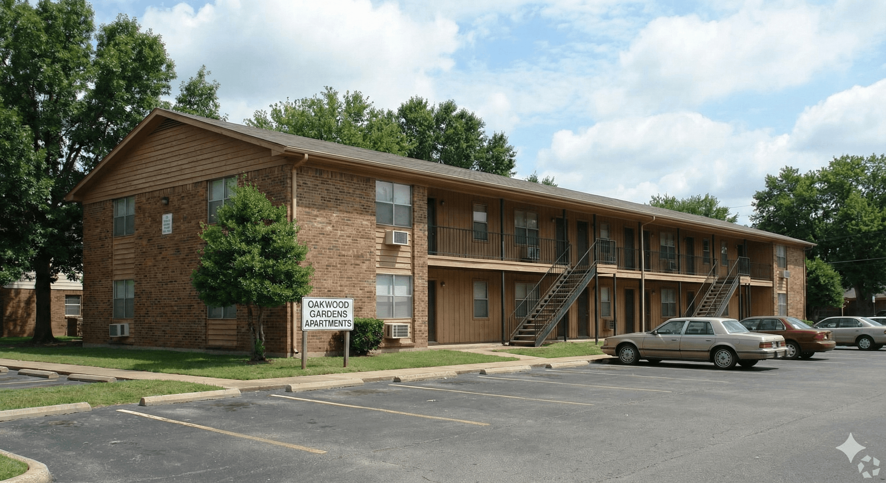 A photograph of the Oakwood Gardens Apartments, a two-story building with brick and wood siding, exterior metal staircases, and a parking lot with several cars.