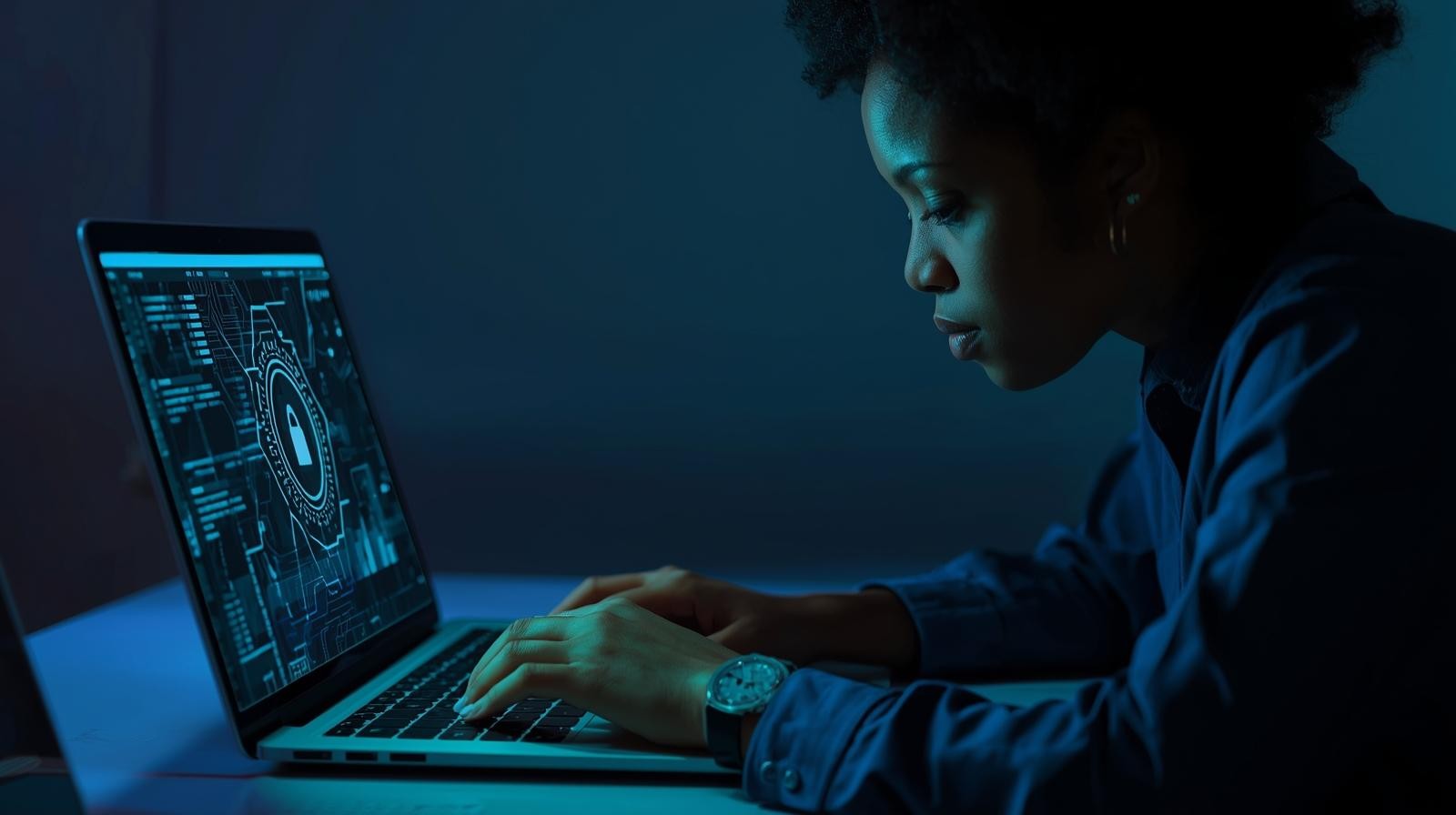 A black woman using laptop illustrating payment security