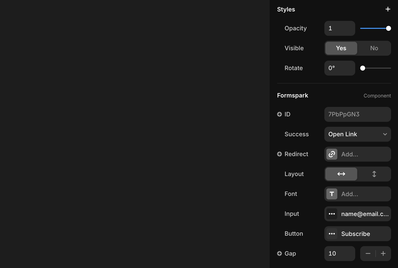 Shows the right panel options of the Formspark component.