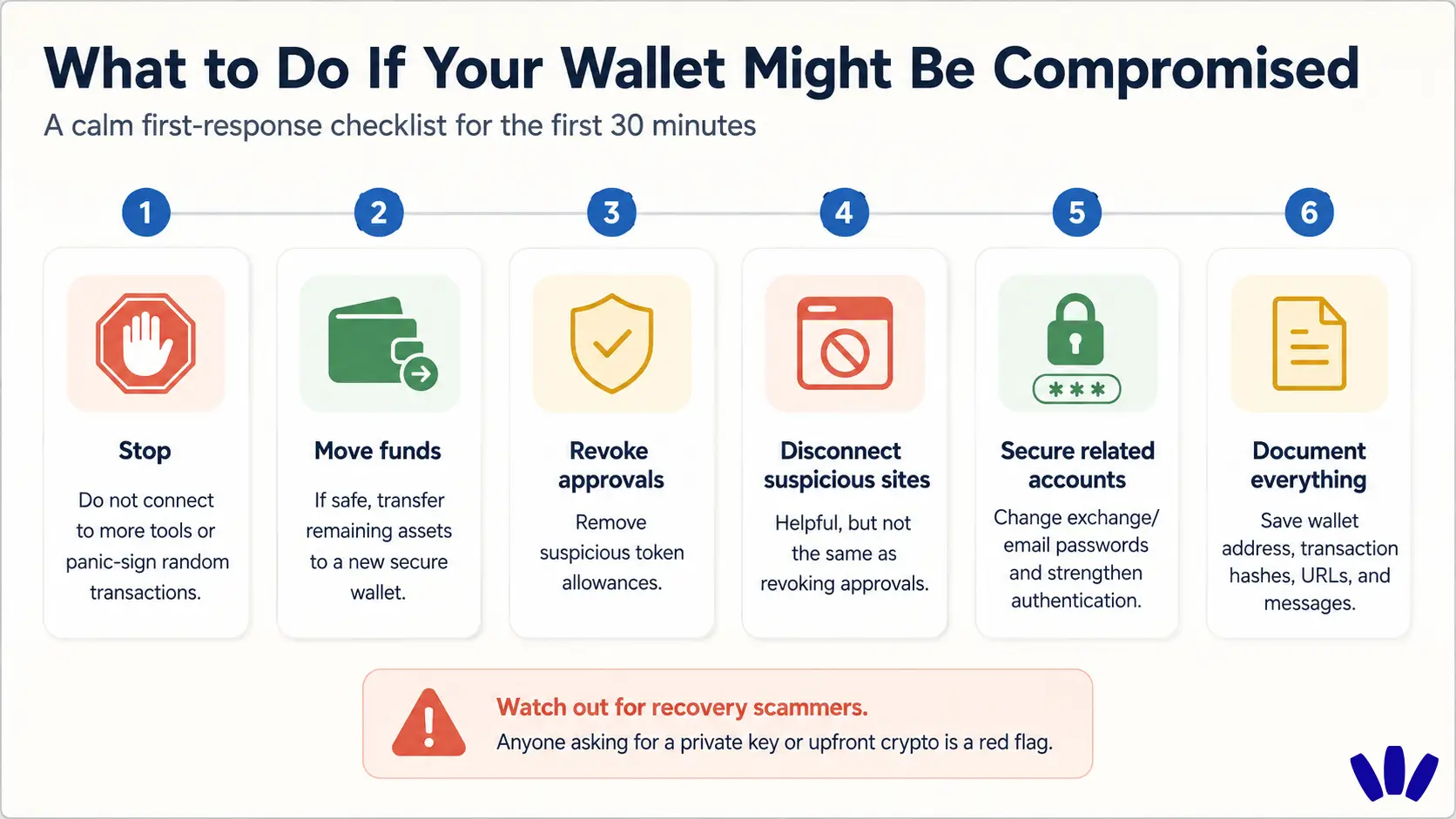 Step-by-step crypto wallet compromise checklist showing what to do in the first 30 minutes