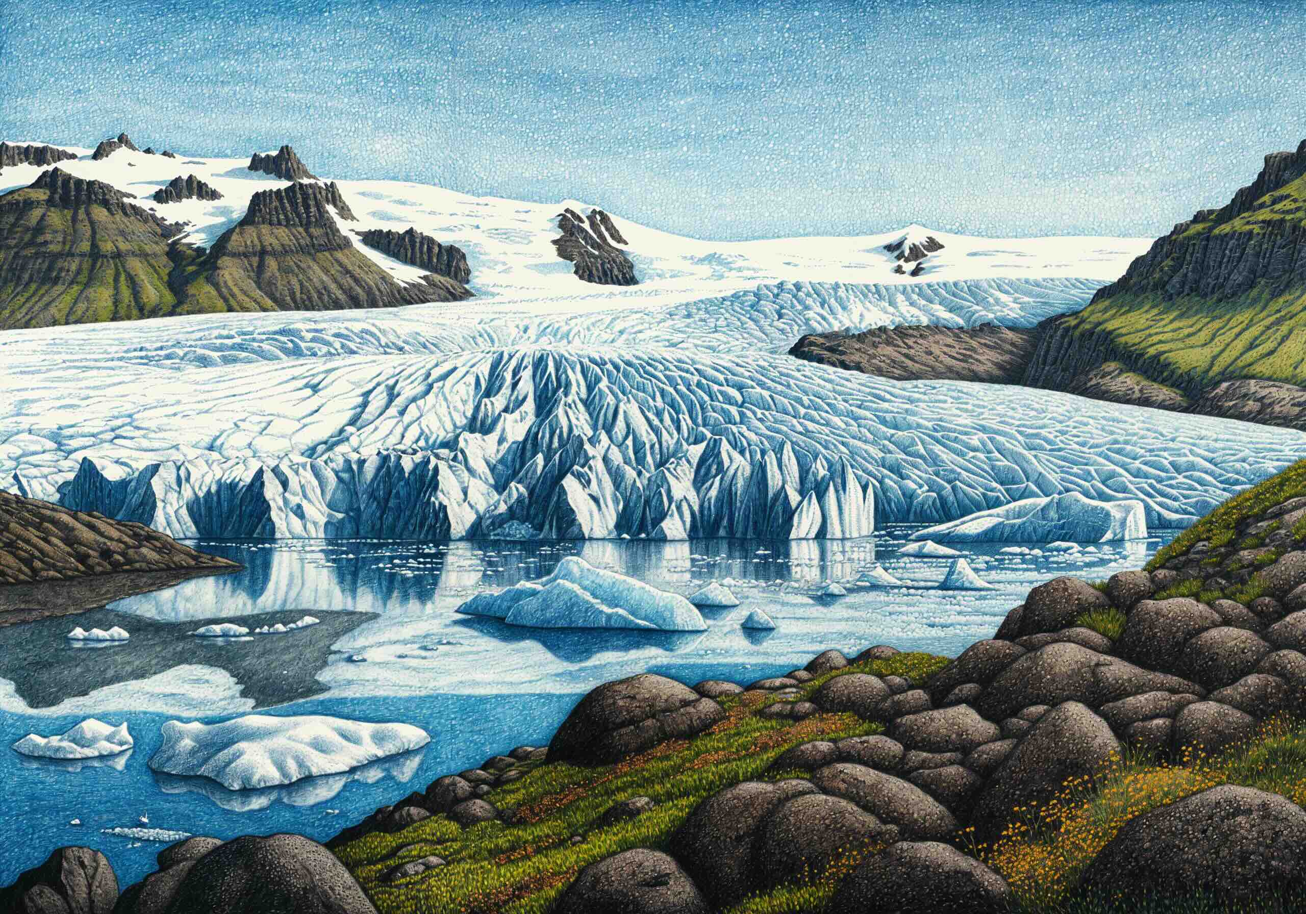 Detailed illustration of an Icelandic glacier with jagged ice formations, floating icebergs in a reflective lagoon, and rugged green hills framing the icy landscape.