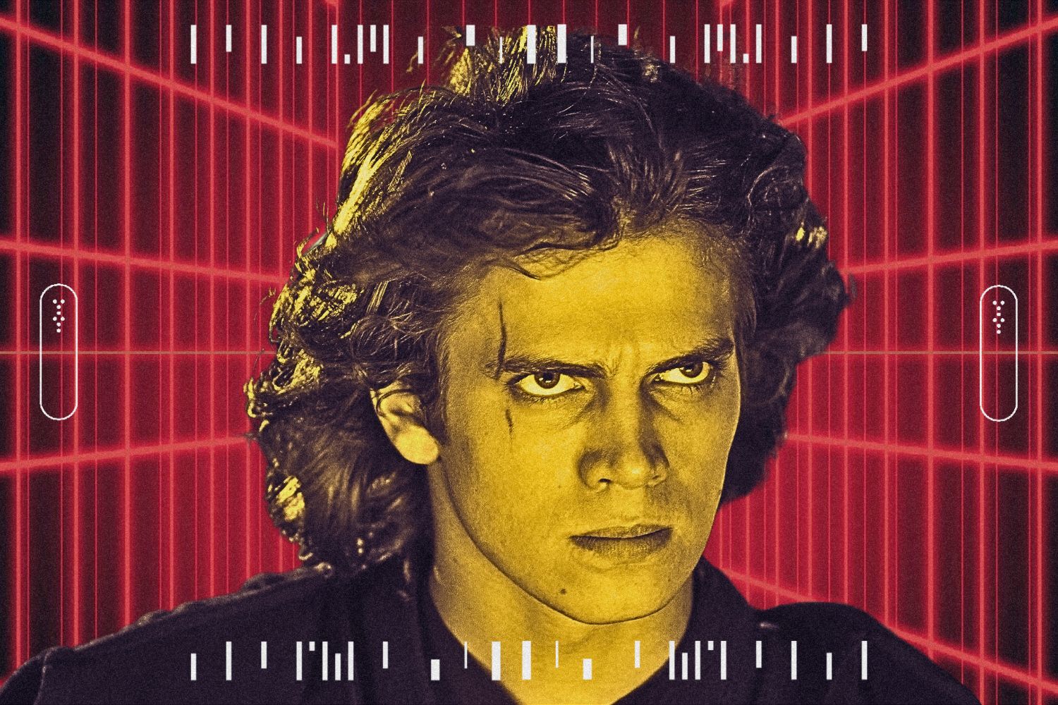 Anakin Skywalker headshot with a scar over his right eye looking angrily to the side in front of a red geometric background