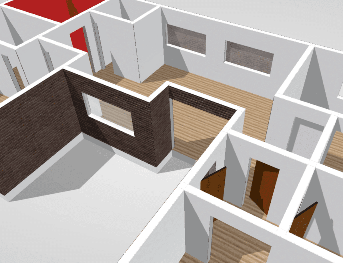 3D floor plan of a building layout, showcasing various rooms and open spaces in a minimalist design.