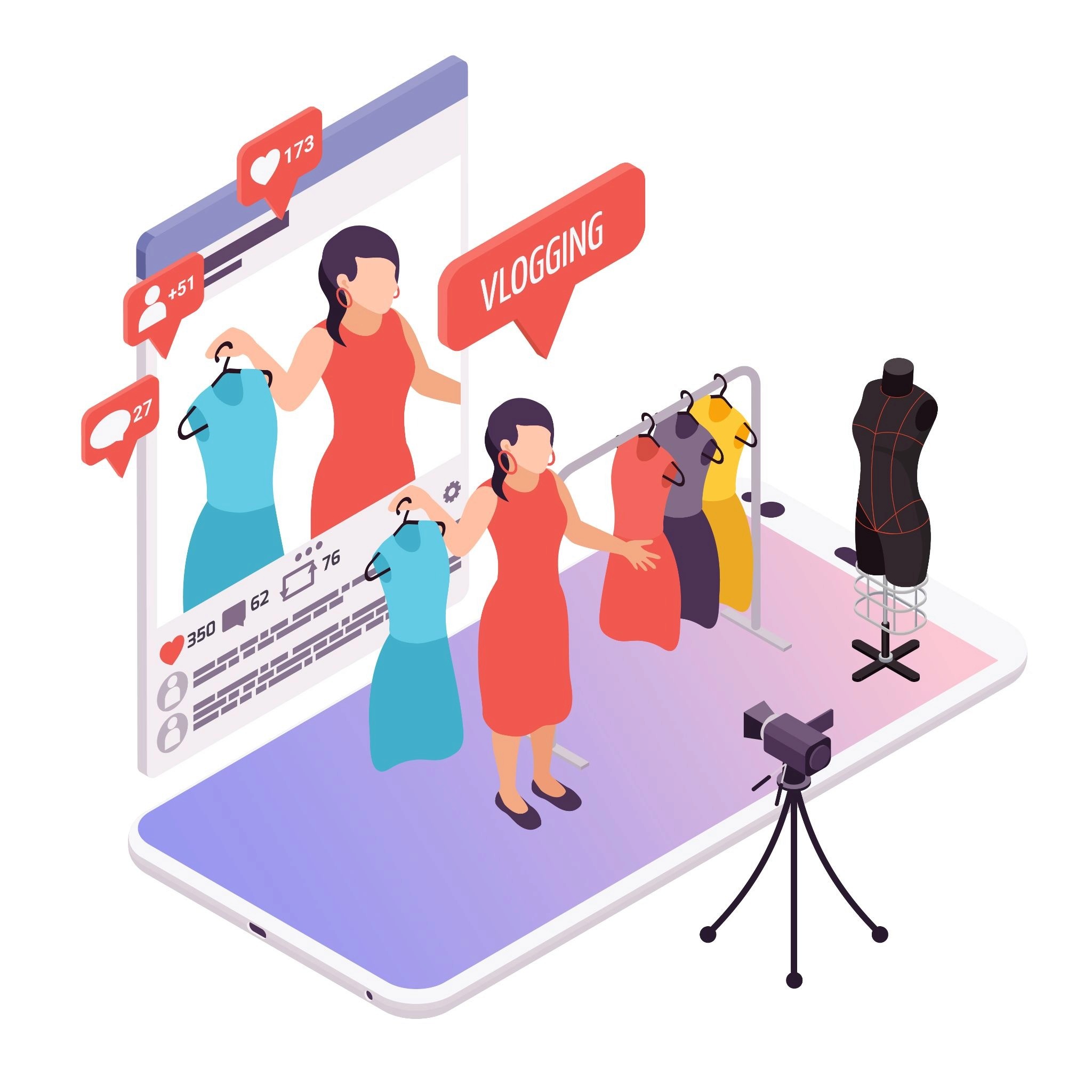 Isometric illustration of a fashion creator vlogging on a smartphone screen with clothing racks, a camera, and social engagement notifications.