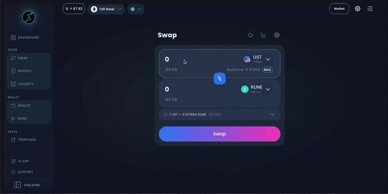 THORSwap dark-themed swap interface with UST to RUNE exchange form