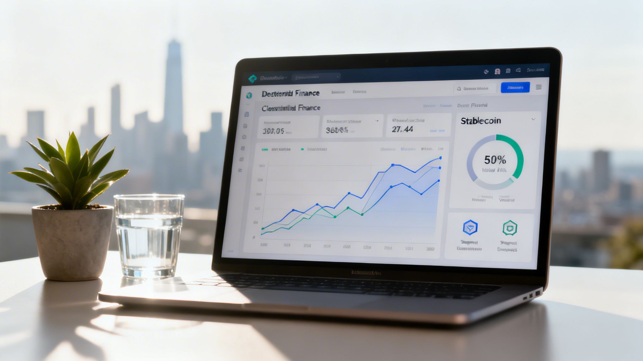 A laptop displaying a Decentralized Finance dashboard with graphs, a plant, and water, against a city skyline.