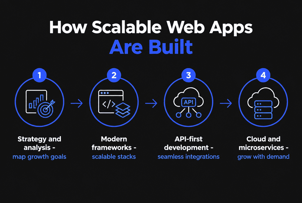 Infographic of how Savoir Management builds scalable web apps: discovery, architecture, secure development, automated deployment and monitoring